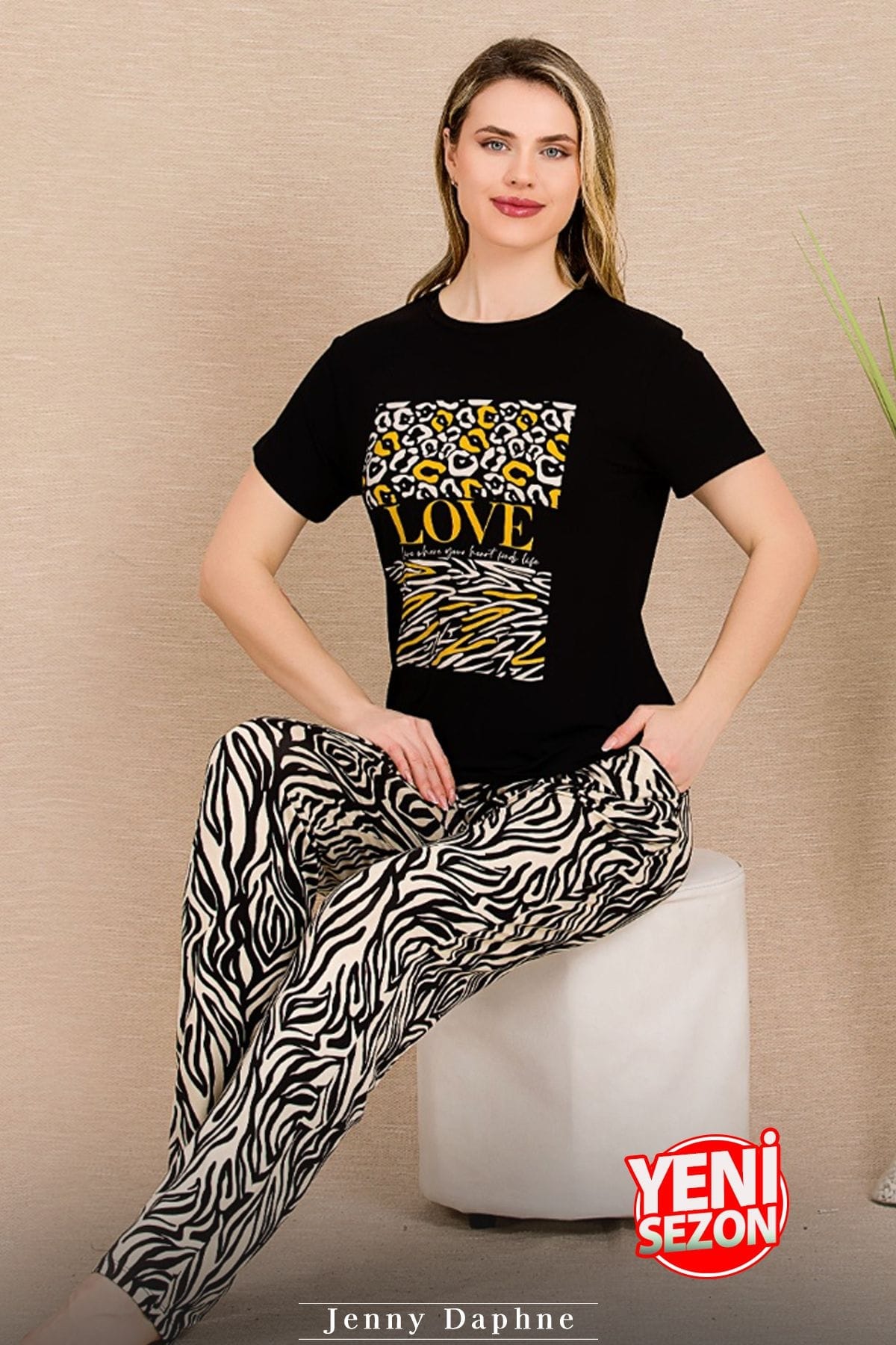 Zebra Desenli Kısa Kollu Pijama Takımı Lady 12490 - Siyah