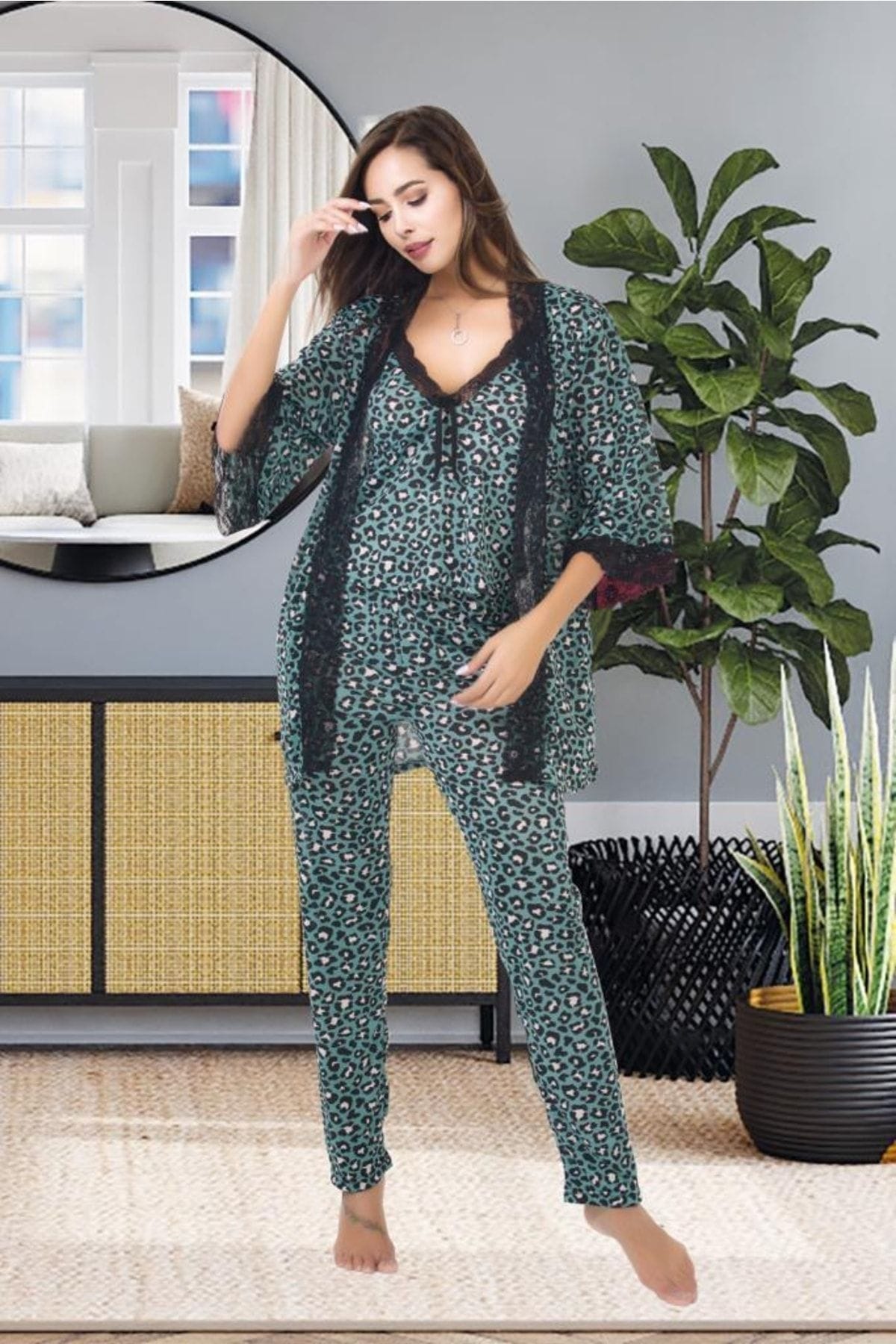 Leopar Desenli Penye 3lü Sabahlık Pijama Takımı İzabel 5000 - Yeşil