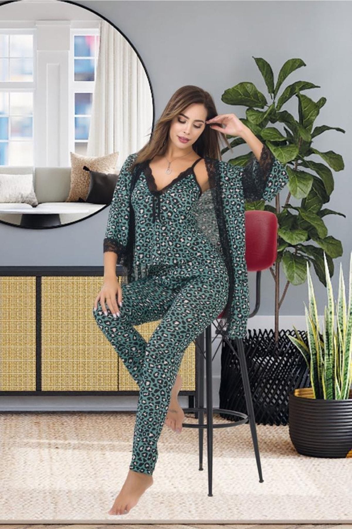 Leopar Desenli Penye 3lü Sabahlık Pijama Takımı İzabel 5000 - Yeşil