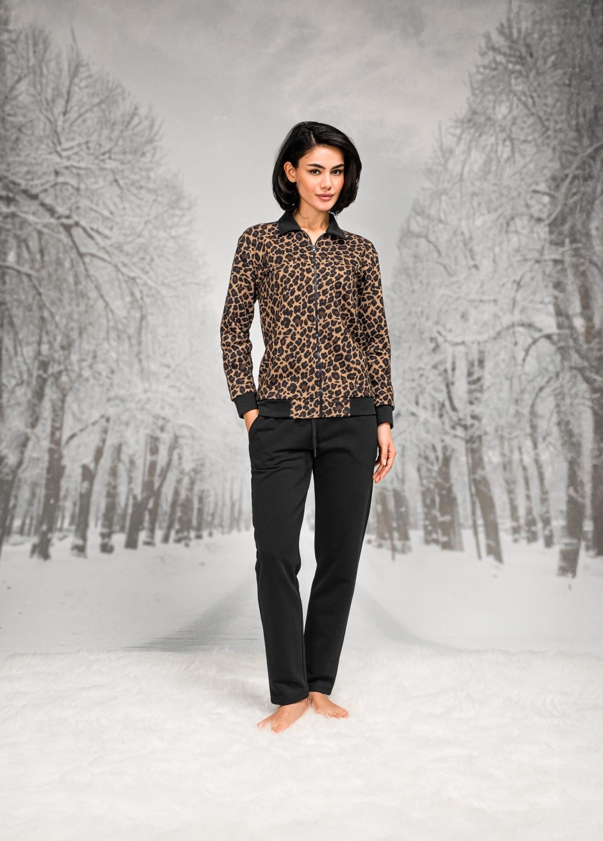 Leopar Desenli Pamuklu Polyester Ceket Pantolon Takım Doreanse 4099 - Siyah