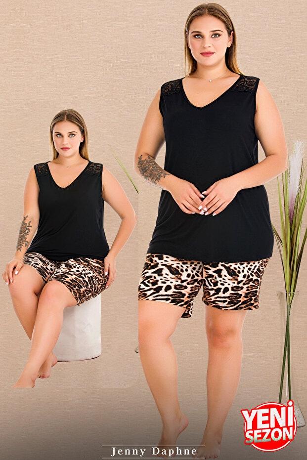 Leopar Desenli V Yaka Şortlu Pijama Takımı Lady 10438 - Siyah
