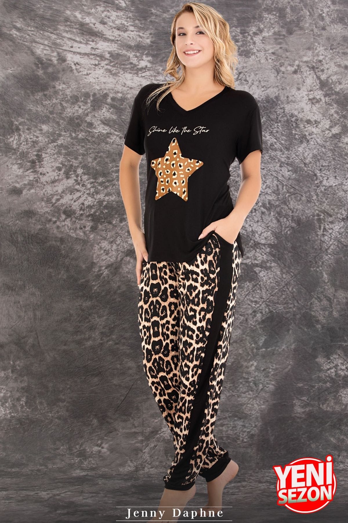 Lady Leopar Yıldız Desenli V Yaka Kısa Kol Pijama Takımı Lady 12588 - Görsel 3