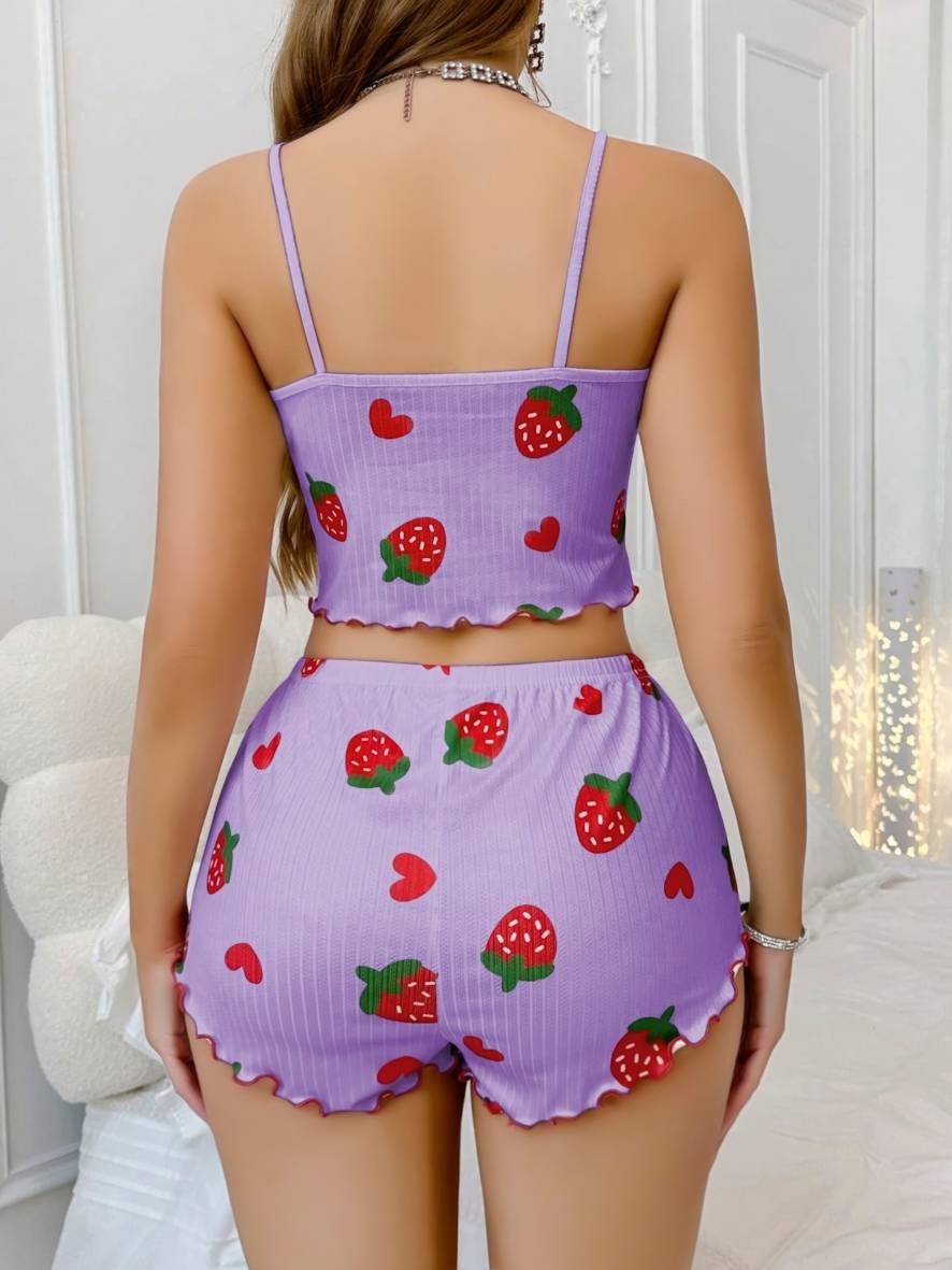 Çilek Desenli Pamuklu Askılı Yazlık Pijama Takımı Lily Bianca 13103 - Lila