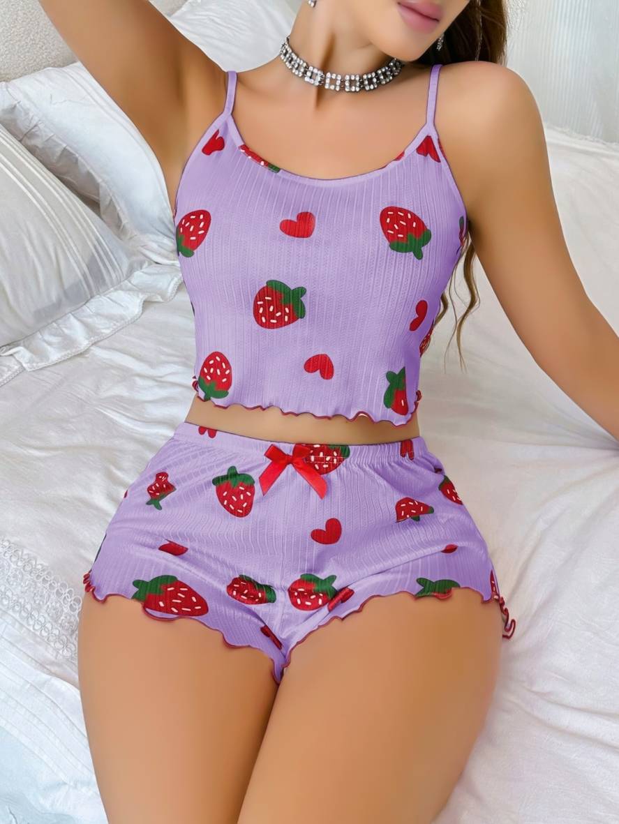 Çilek Desenli Pamuklu Askılı Yazlık Pijama Takımı Lily Bianca 13103 - Lila