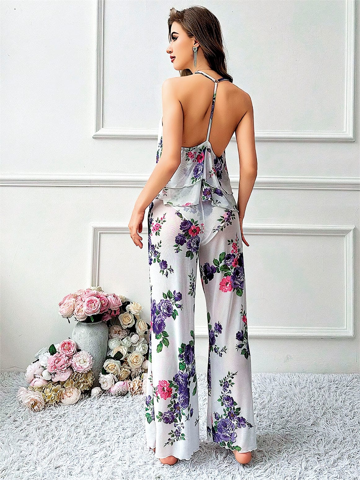 Çiçek Desenli Beyaz Askılı Bluz Pantolon Takım Pink Night 1454 - Beyaz