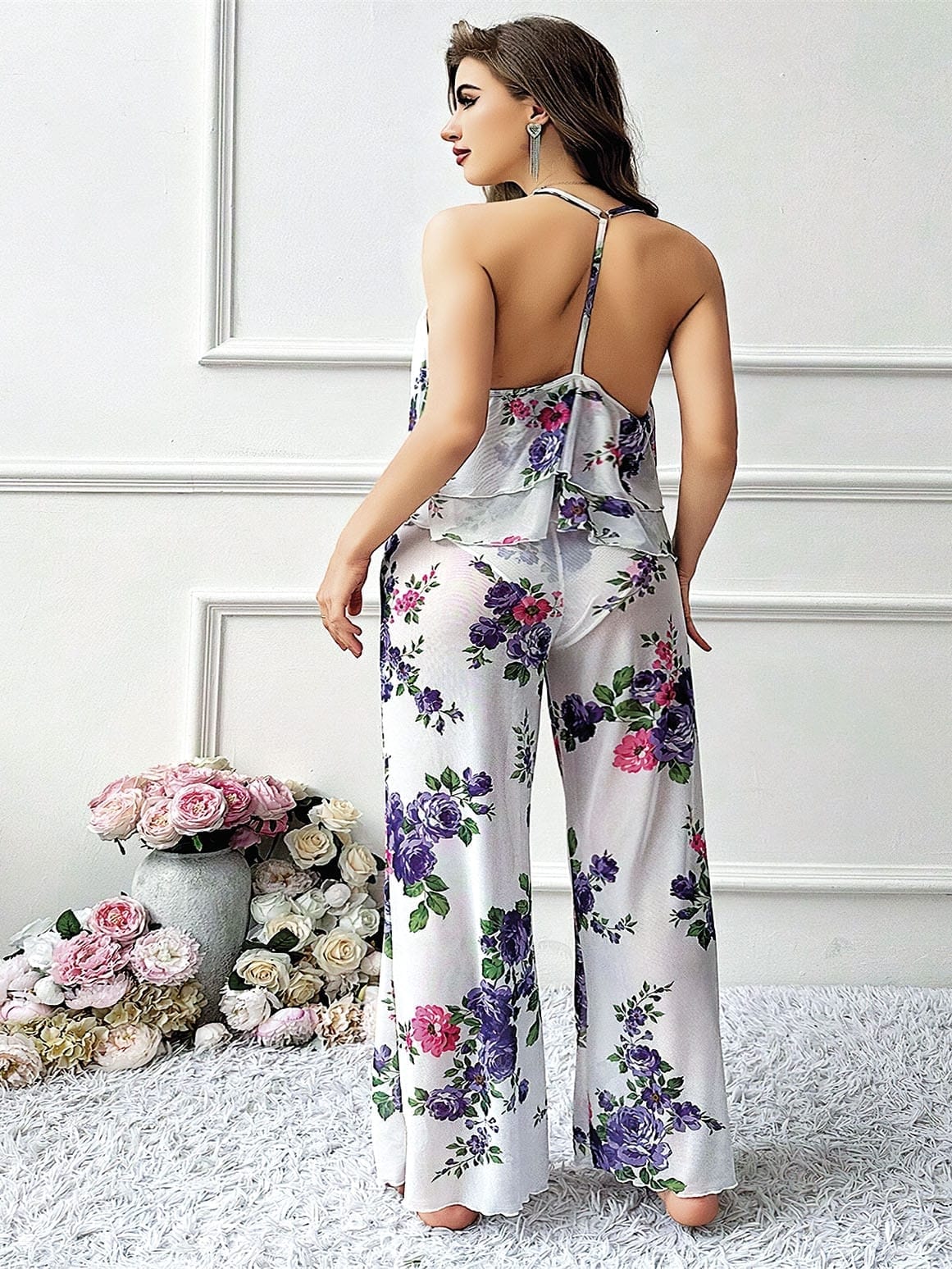 Mavi Çiçekli Desenli Büyük Beden Bluz Pantolon Takım Pink Night 6954 - Beyaz