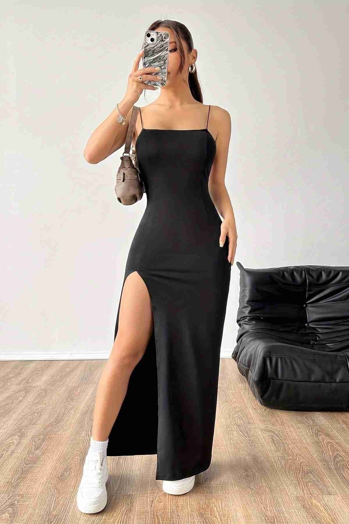 Askılı Şık Yırtmaçlı Uzun Elbise Siyah Merry See MS4427 Siyah - Siyah