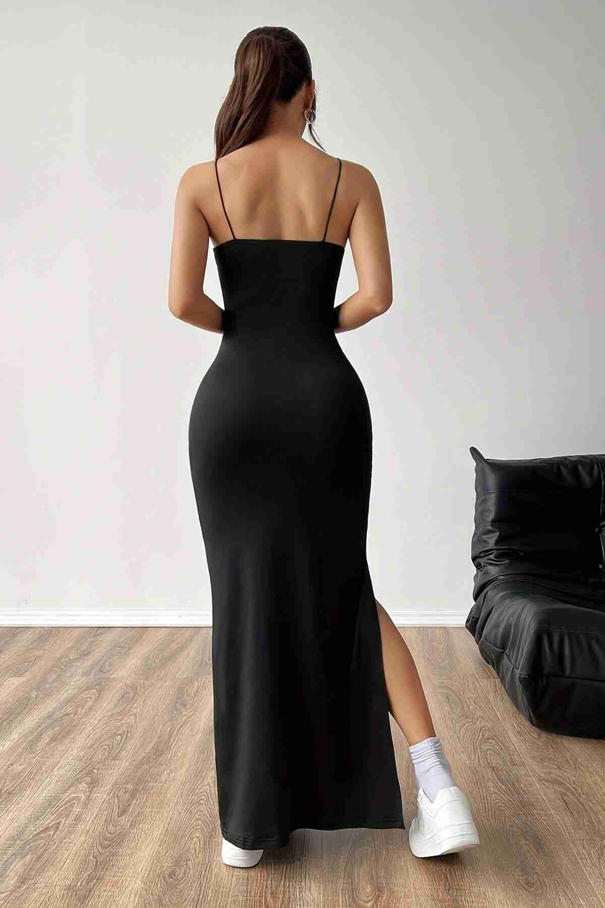 Askılı Şık Yırtmaçlı Uzun Elbise Siyah Merry See MS4427 Siyah - Siyah