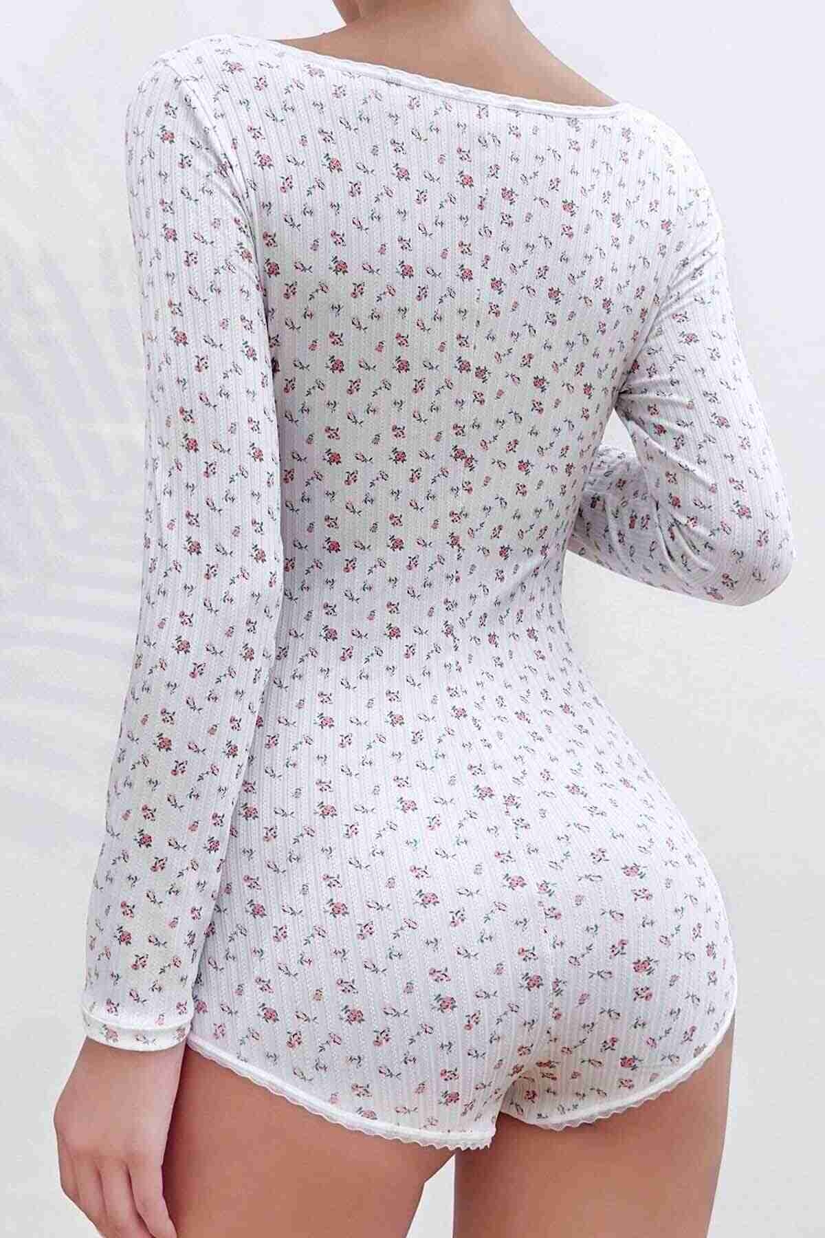 Merry See Çiçek Desenli Tasarım Tulum Gecelik Body Çok Renkli MS 2366 - Çok Renkli
