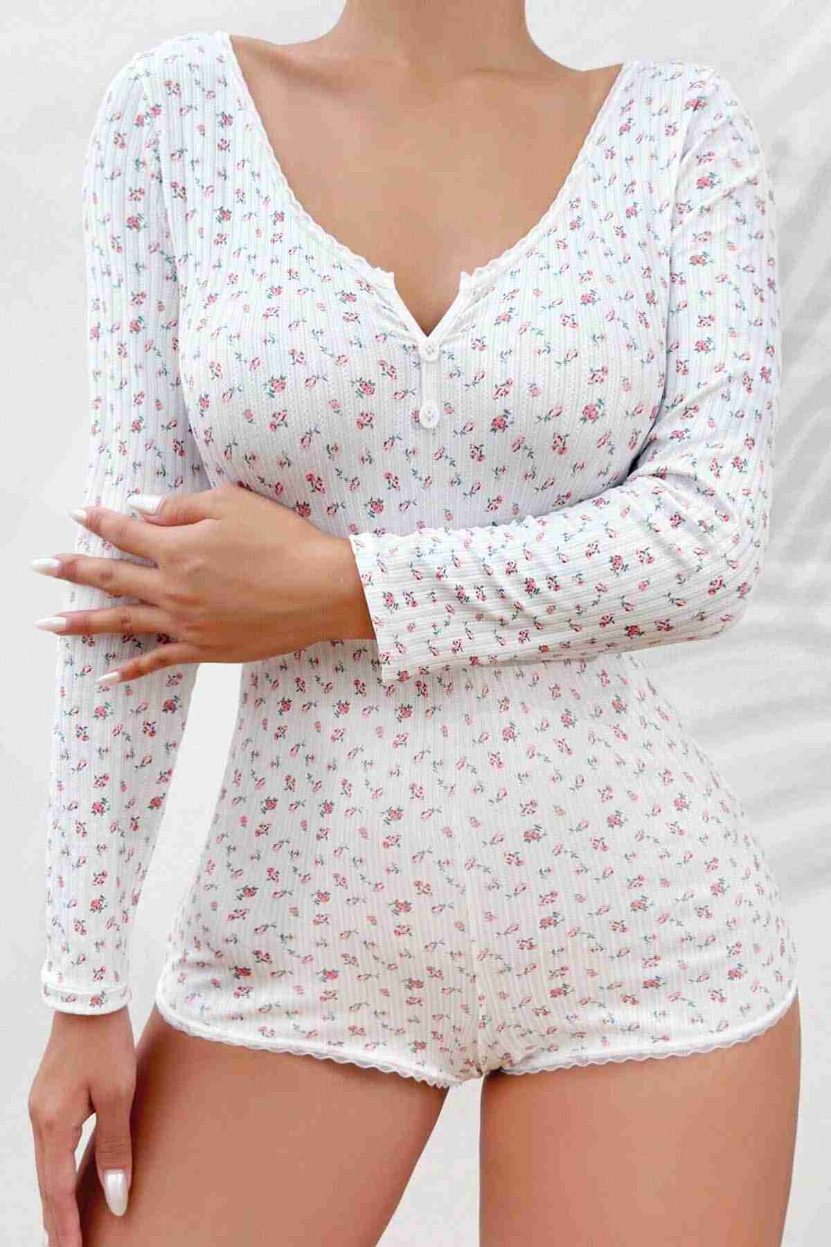 Merry See Çiçek Desenli Tasarım Tulum Gecelik Body Çok Renkli MS 2366 - Çok Renkli
