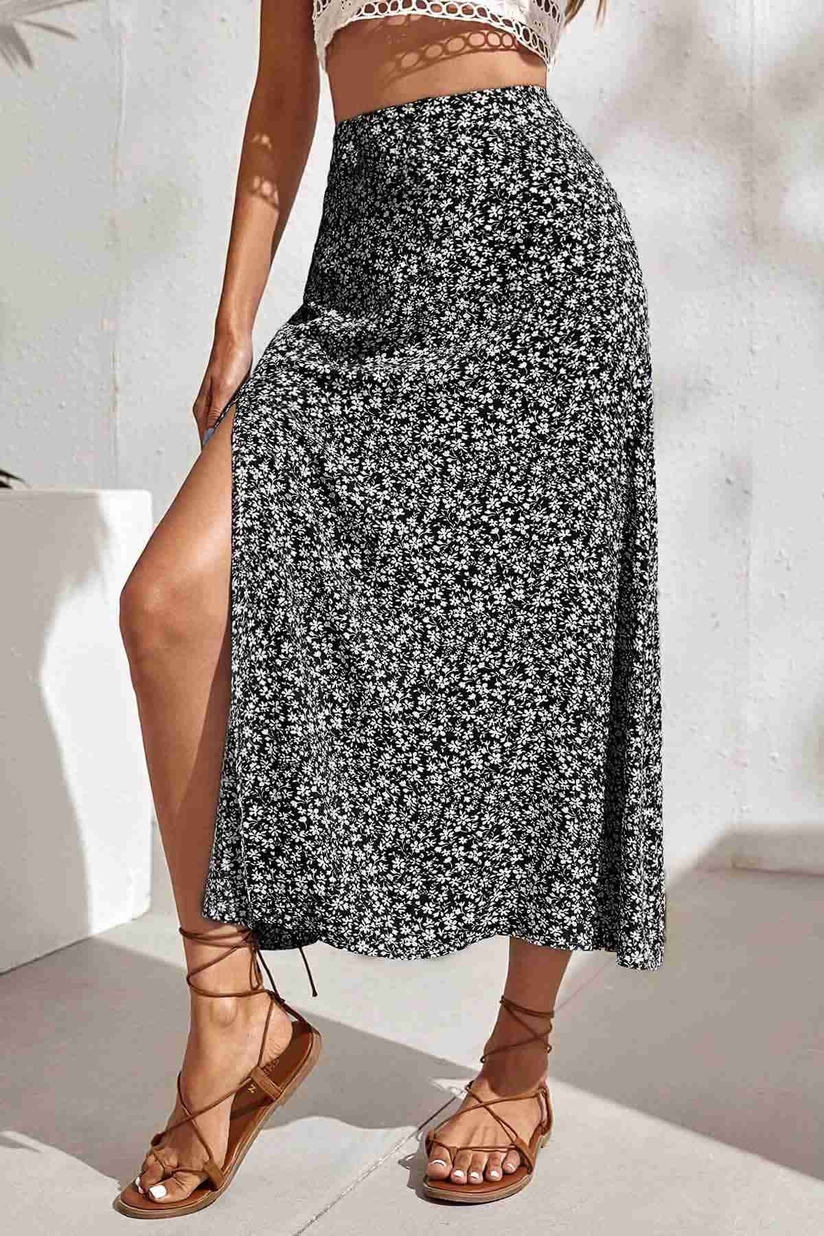 Çiçekli Yırtmaç Detaylı Etek Çok Renkli Merry See MS7116 Çok Renkli - Çok Renkli