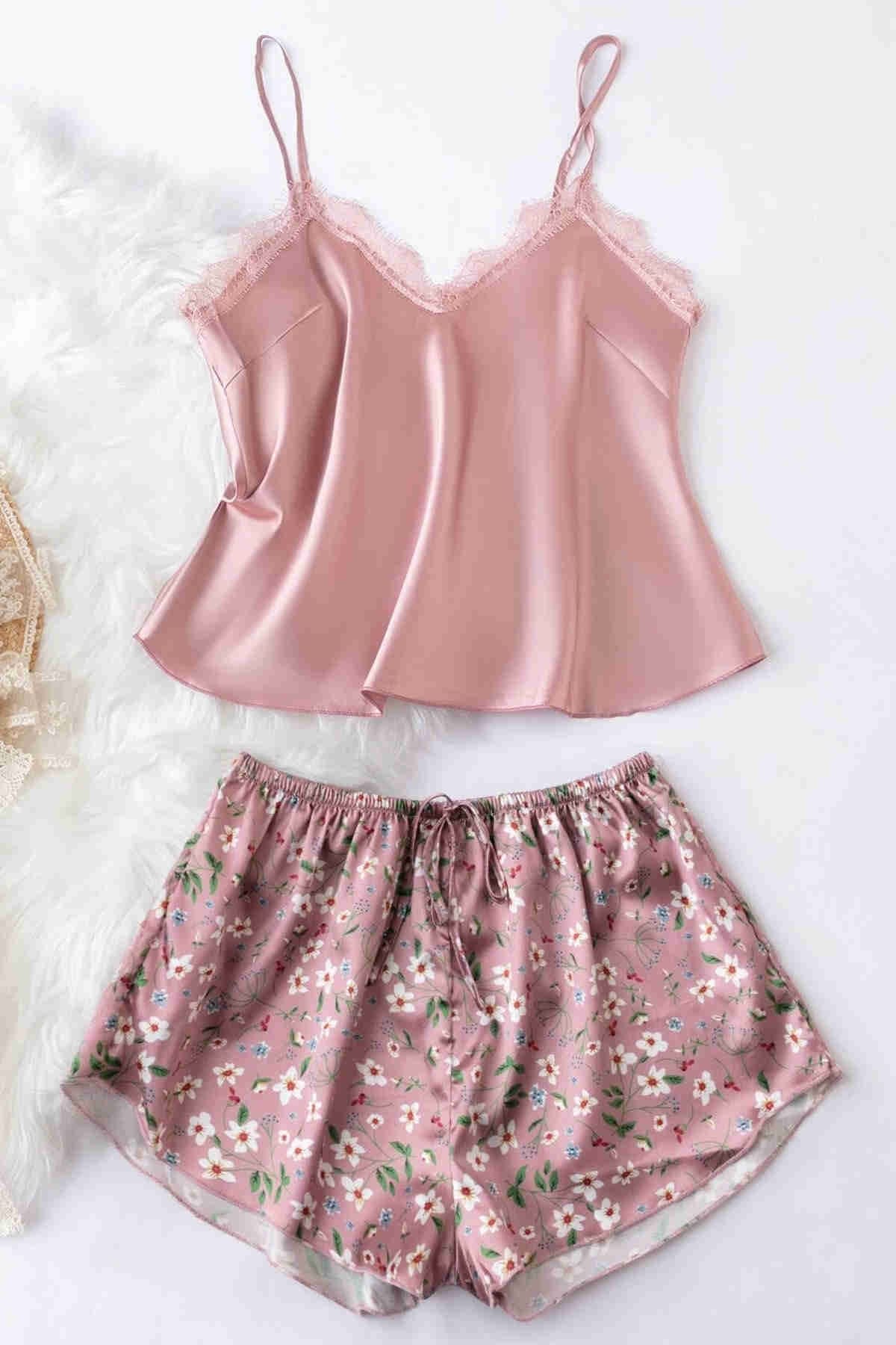 Dantel İşlemeli Çiçek Desenli Pembe Şort Pijama Takımı Merry See MS3260 - Pembe