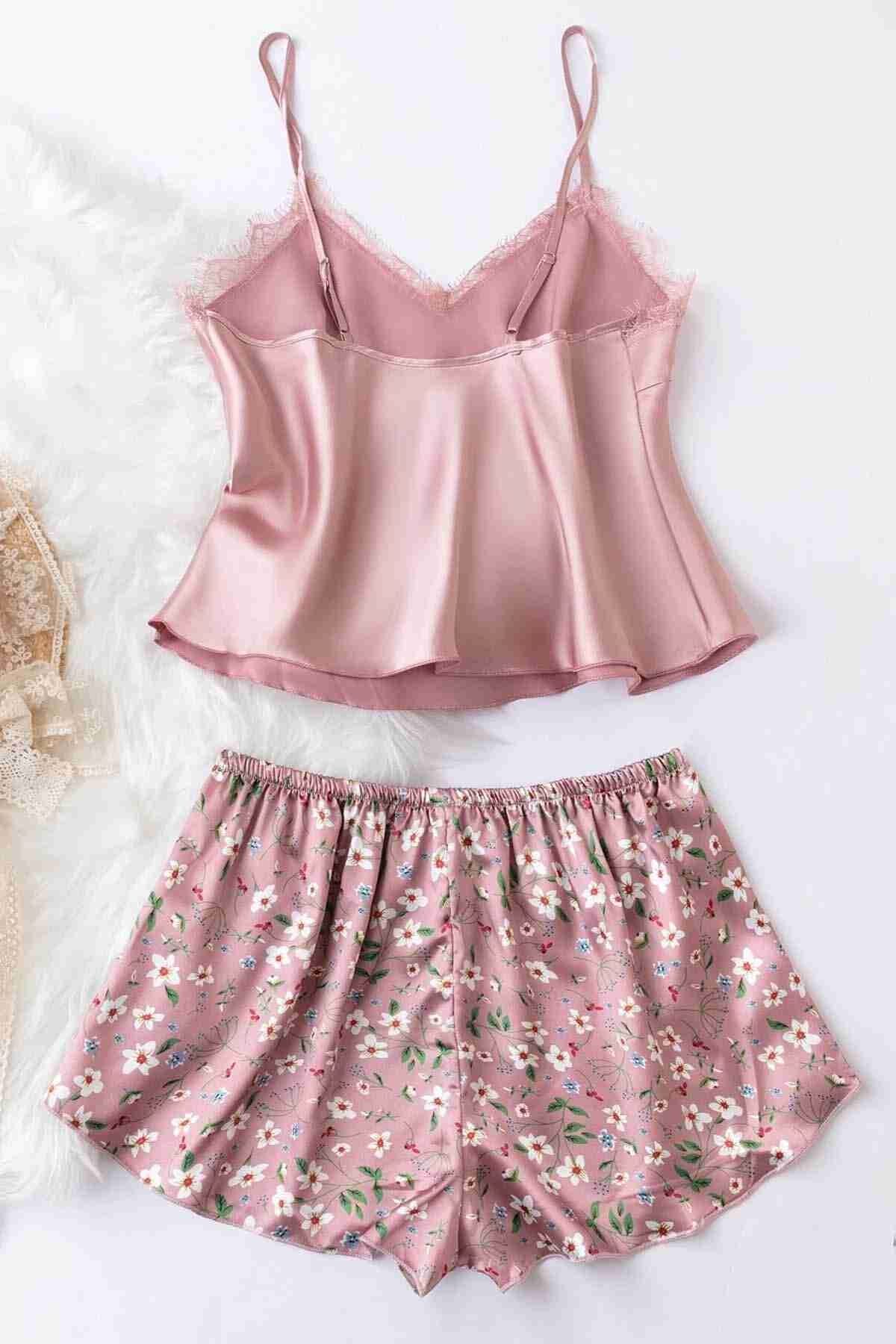 Dantel İşlemeli Çiçek Desenli Pembe Şort Pijama Takımı Merry See MS3260 - Pembe