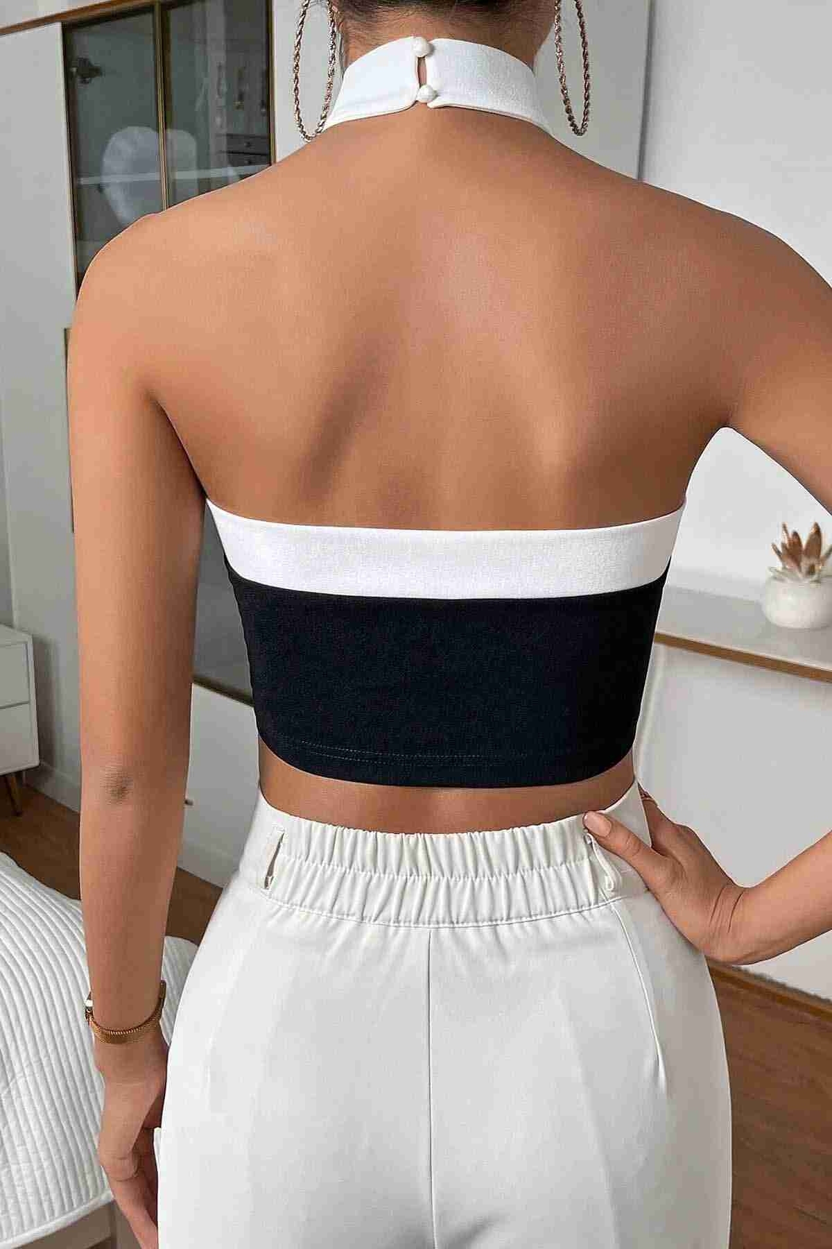 İnci Detaylı Boyundan Bağlamalı Crop Bluz Siyah Merry See MS3911 Siyah - Siyah