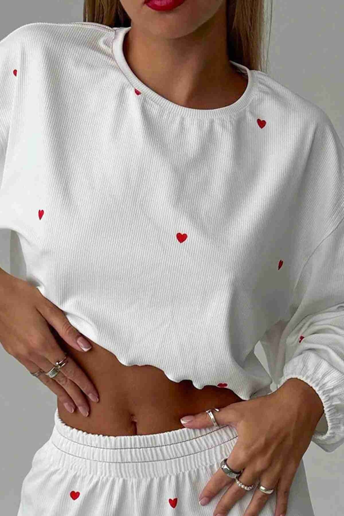 Kalp Baskılı Uzun Kollu İnce Kumaş Dökümlü Pijama Takımı Merry See MS2386 Beyaz - Beyaz