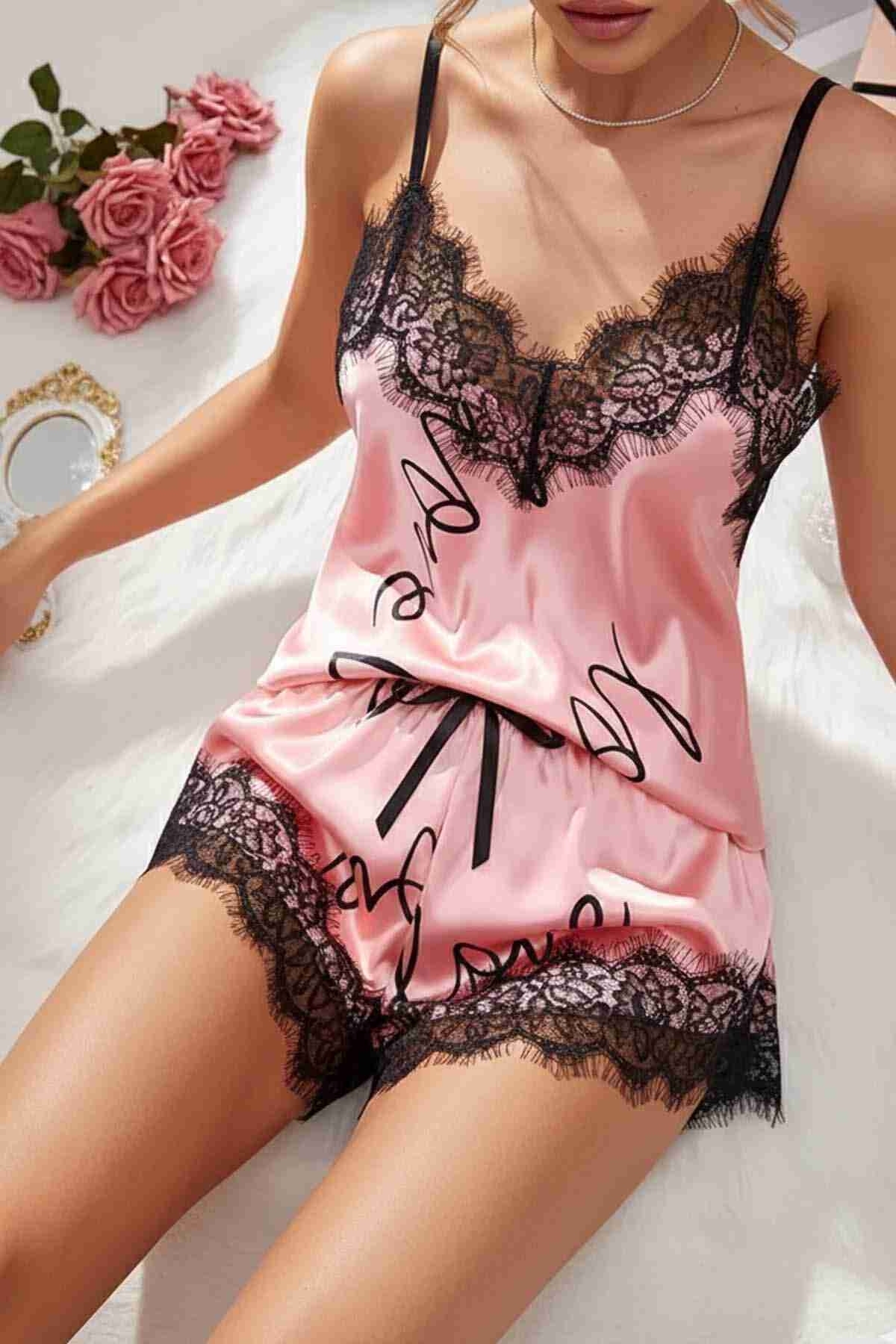 Love Kalp Baskılı Şortlu Pijama Takımı Pembe Merry See MS2379 Pembe - Pembe