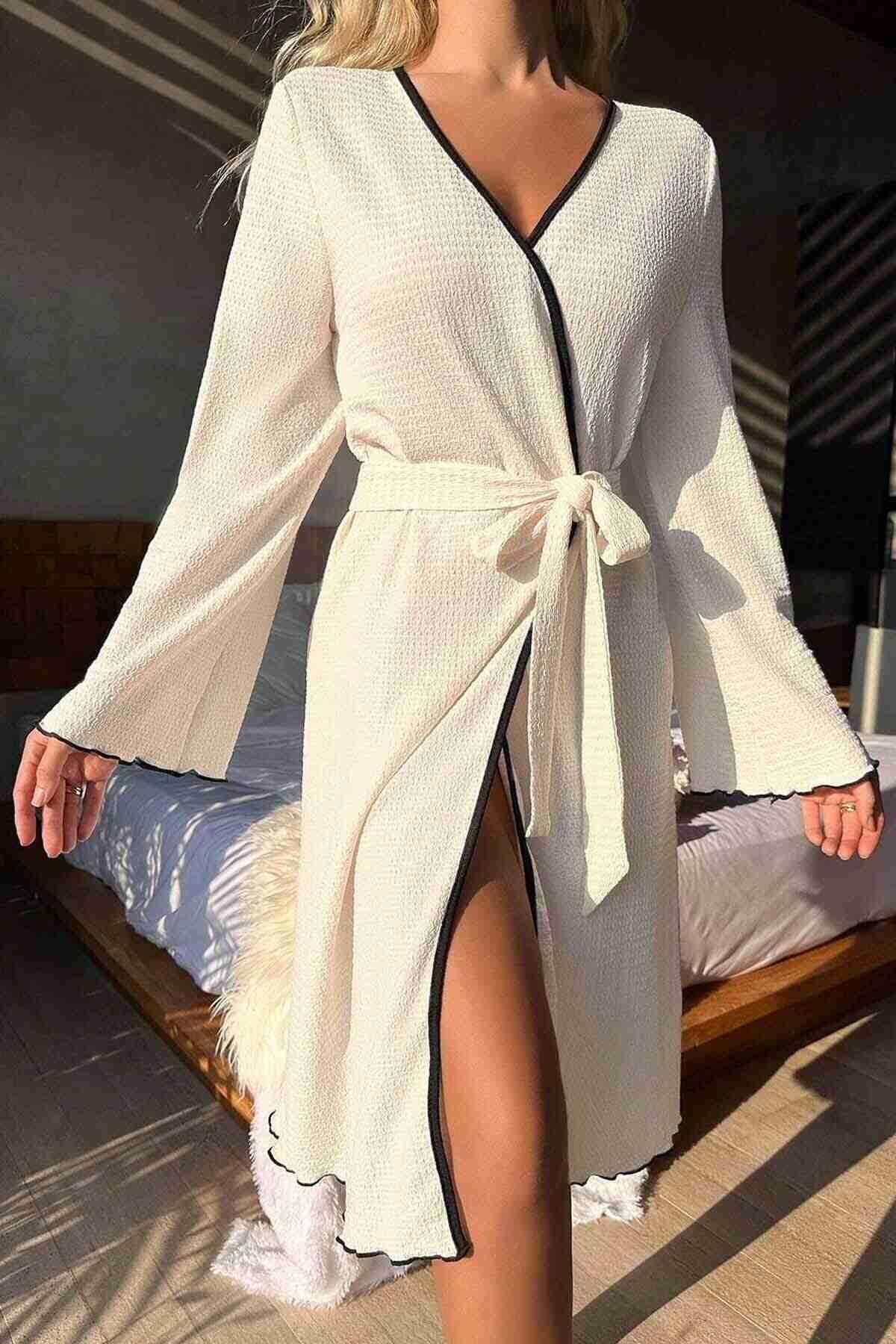 Merry See Özel Örme Kumaş Önden Bağlamalı Robdeşambr MS 4090 Beyaz - Beyaz