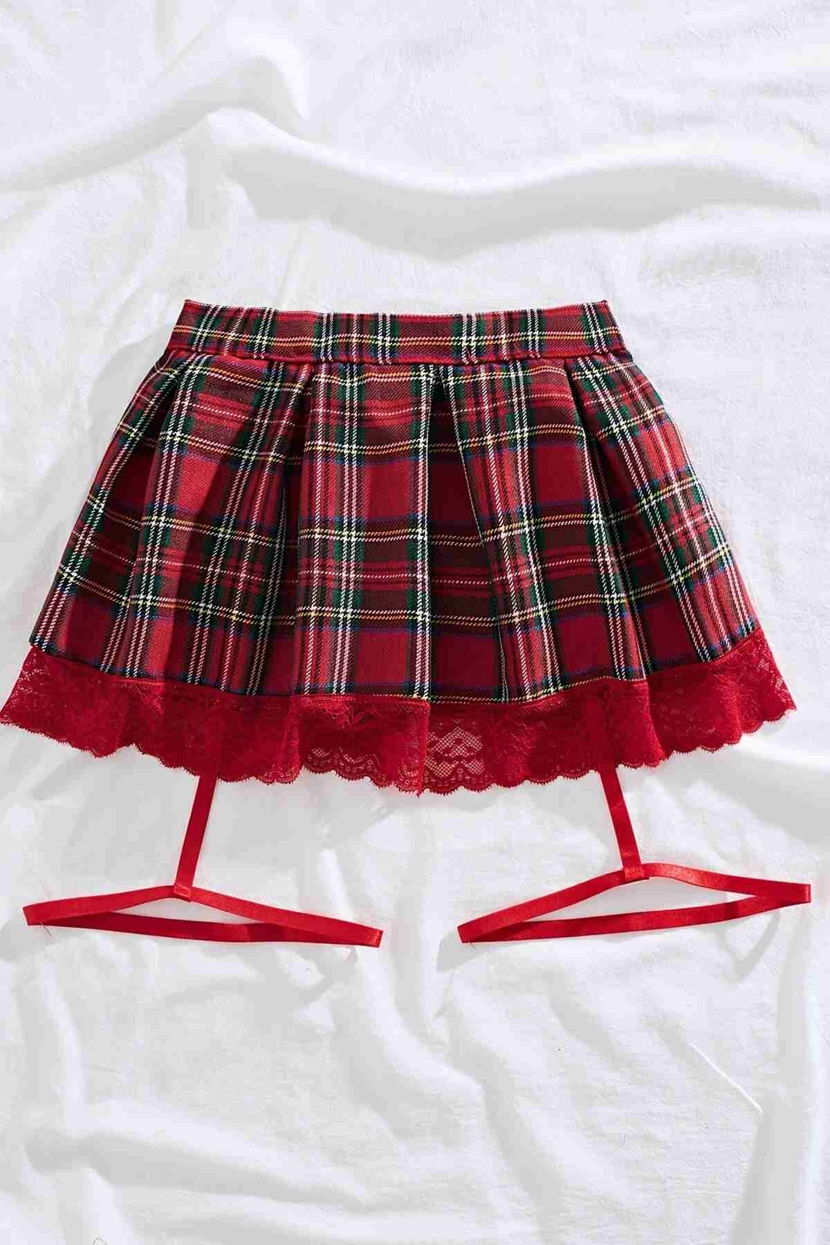 Pileli Dantelli Ekose Arkadan Bağlamalı Etek Jartiyer Merry See MS8396 Çok Renkli - Çok Renkli