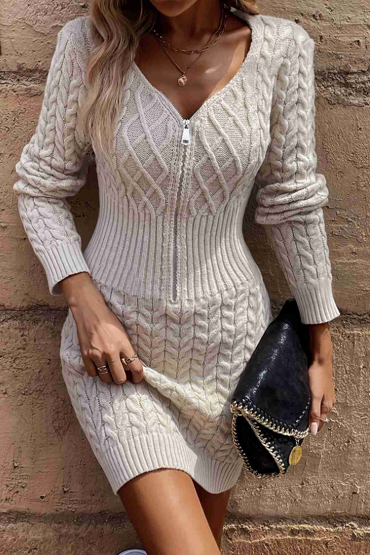 Uzun Kollu Fermuarlı Triko Örme Mini Elbise Bej Merry See MS3802 Bej - Bej