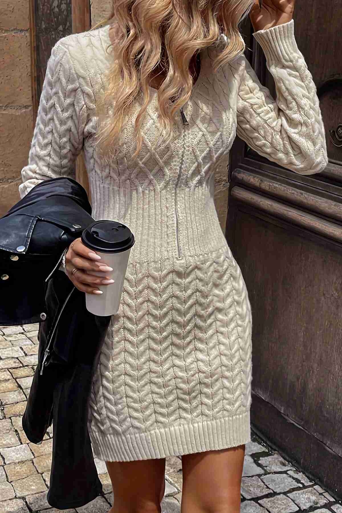 Uzun Kollu Fermuarlı Triko Örme Mini Elbise Bej Merry See MS3802 Bej - Bej