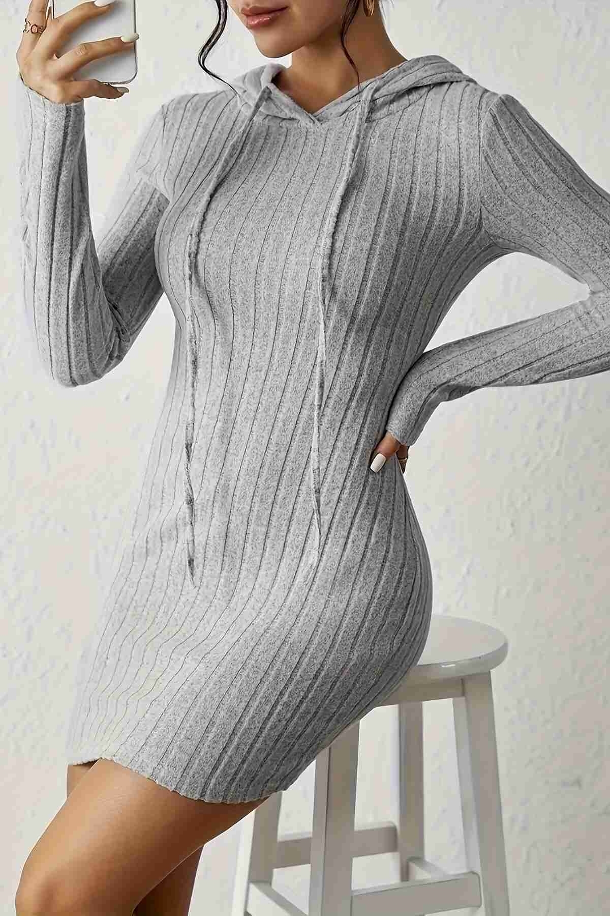 Uzun Kollu Kapşonlu Mini Elbise Merry See MS3801 Gri - Gri