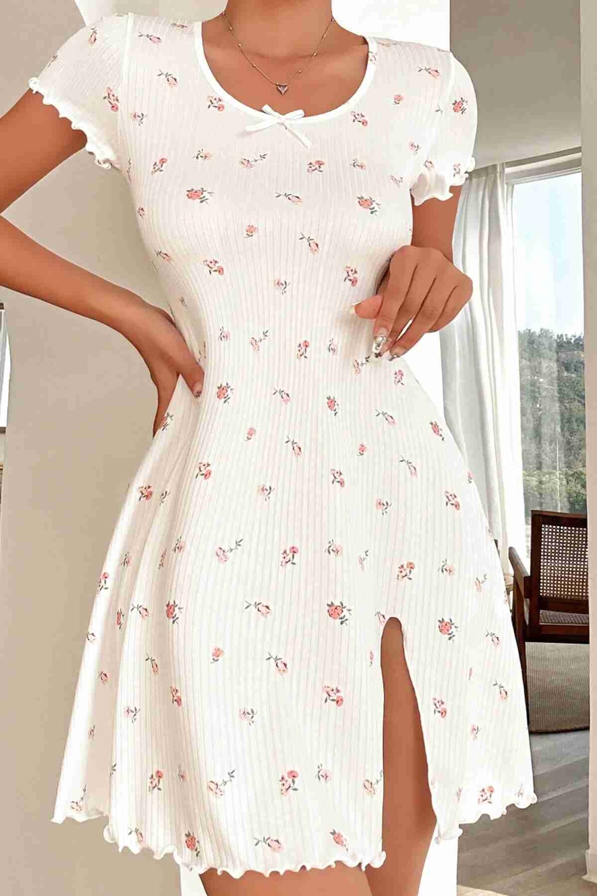 Yırtmaçlı Kısa Kollu Pijama Gecelik Beyaz Merry See MS4022 Beyaz - Beyaz