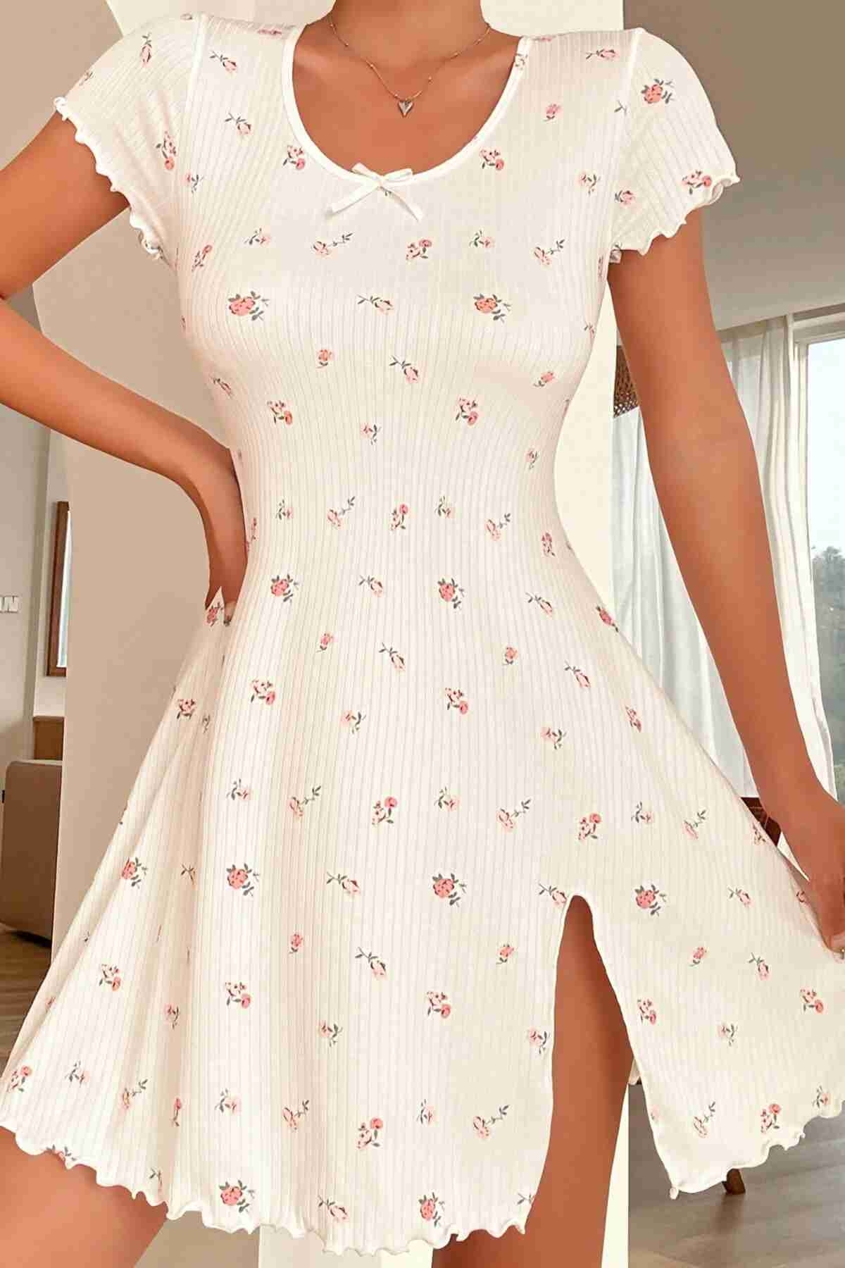 Yırtmaçlı Kısa Kollu Pijama Gecelik Beyaz Merry See MS4022 Beyaz - Beyaz