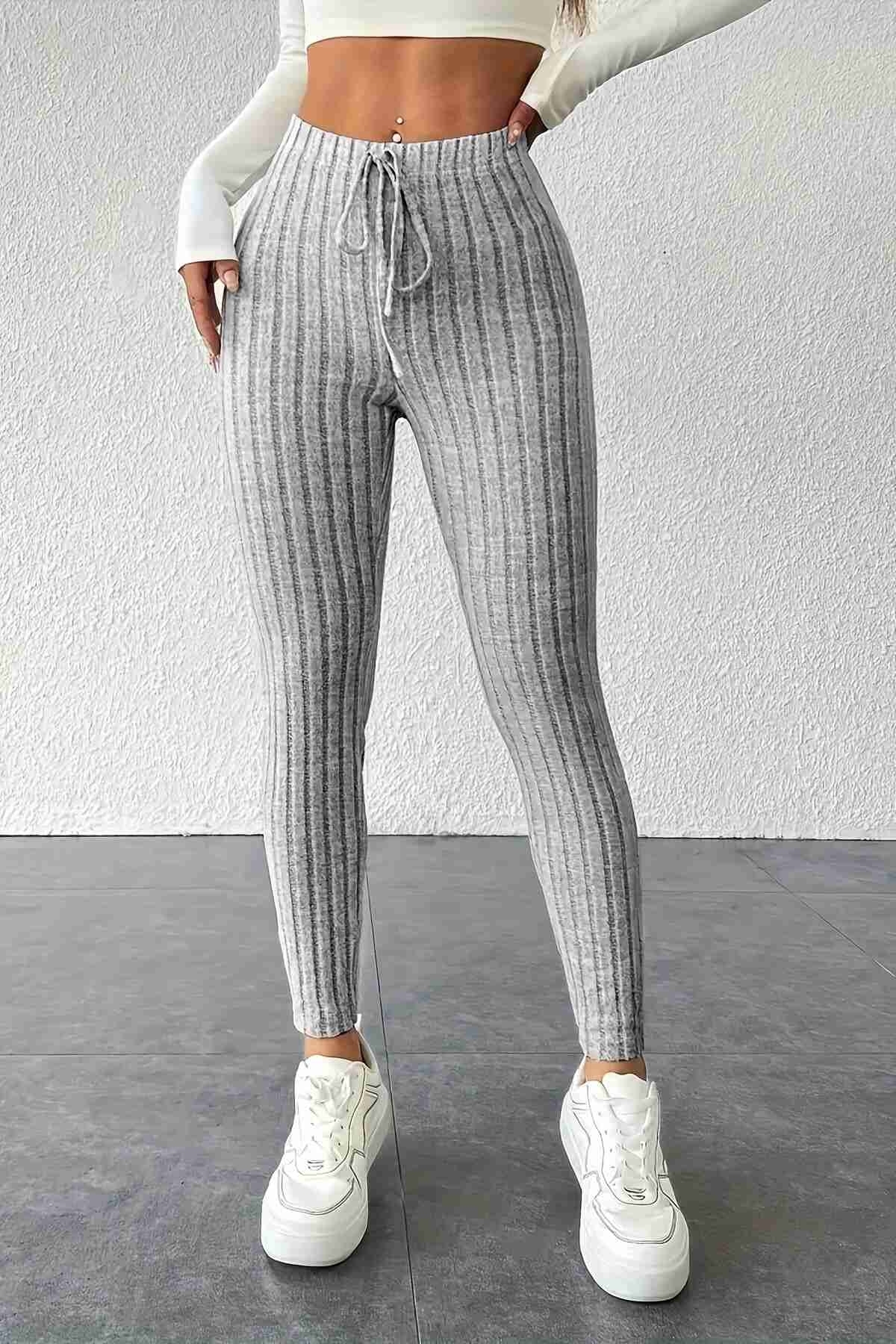 Yüksek Bel Özel Kumaş Tayt Gri Merry See MS4001 Gri - Gri