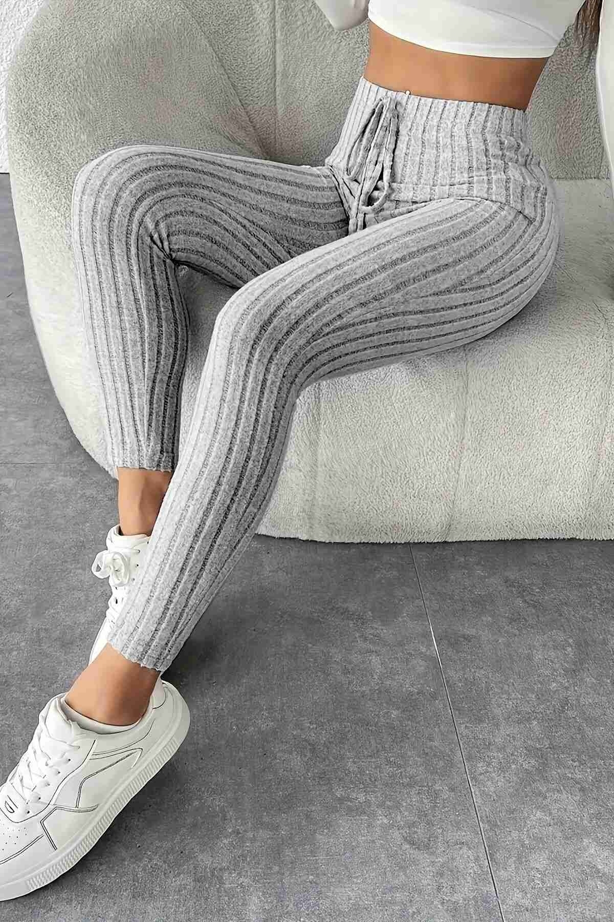 Yüksek Bel Özel Kumaş Tayt Gri Merry See MS4001 Gri - Gri