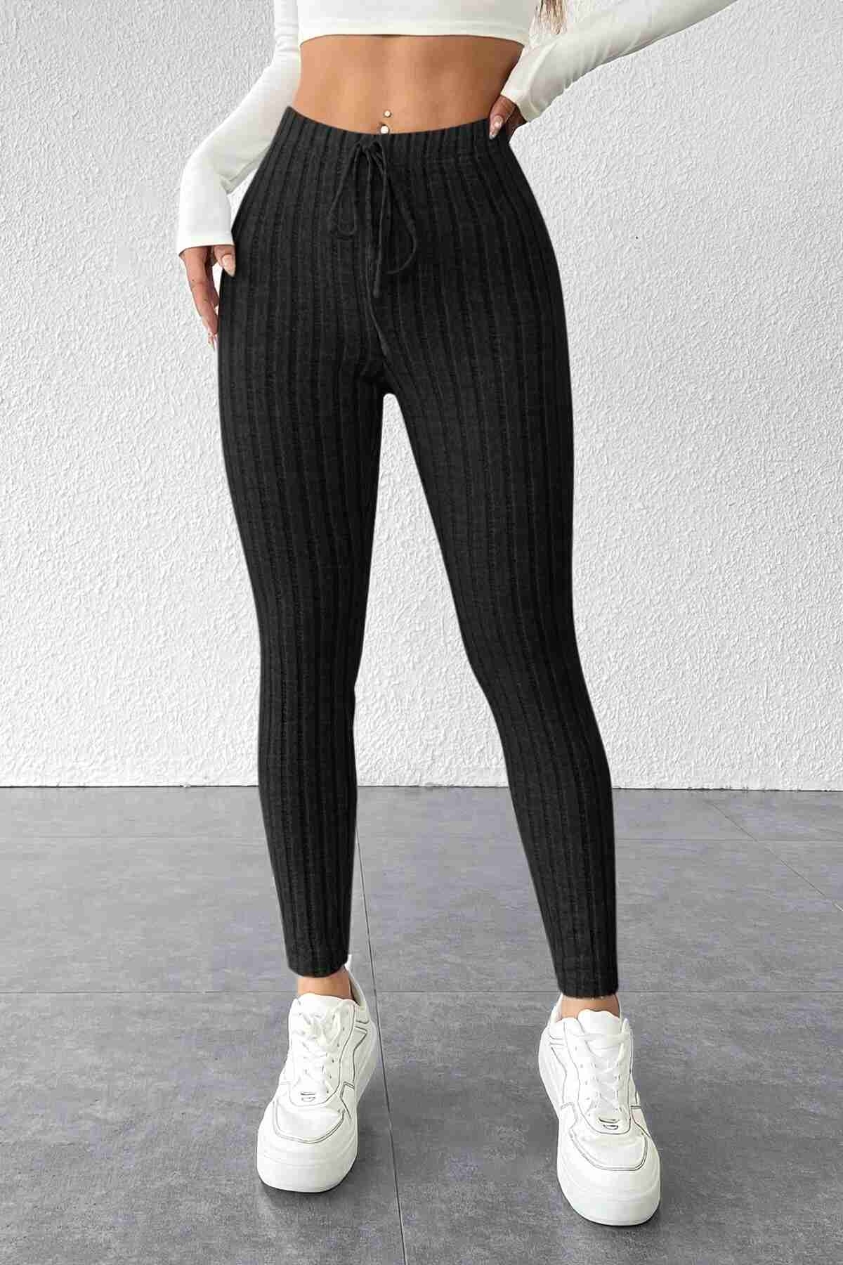 Fitilli Yüksek Bel Özel Kumaş Tayt Siyah Merry See MS4001 Siyah - Siyah