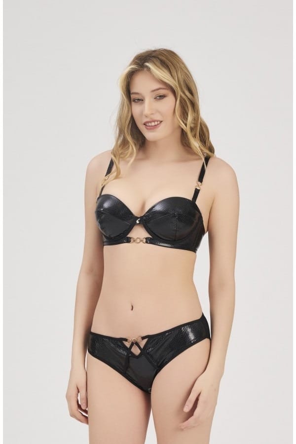 Deri Dantel İşlemeli Balenli Kadın Sütyen Takım Moonlight 333 - Siyah