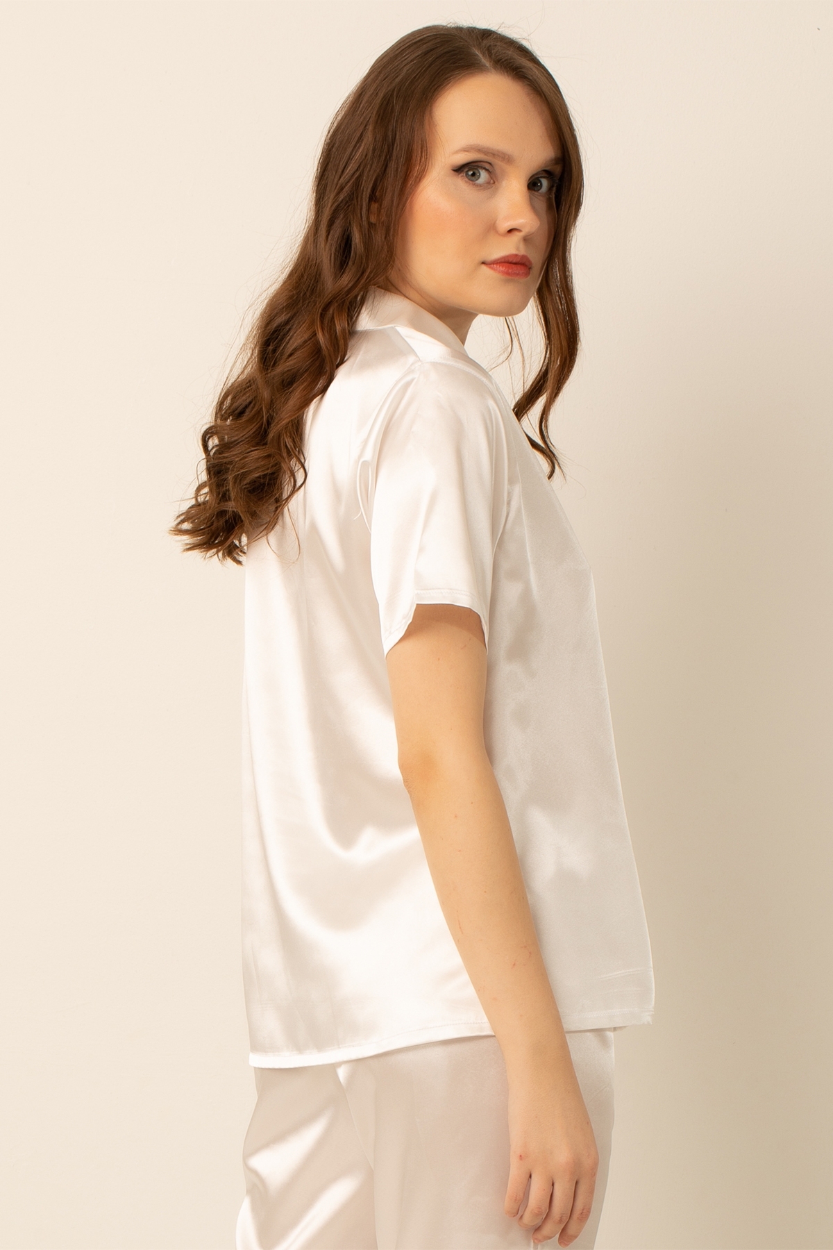Gömlek Yaka Saten Pijama Üst Miorre 001-001161 - Ekru