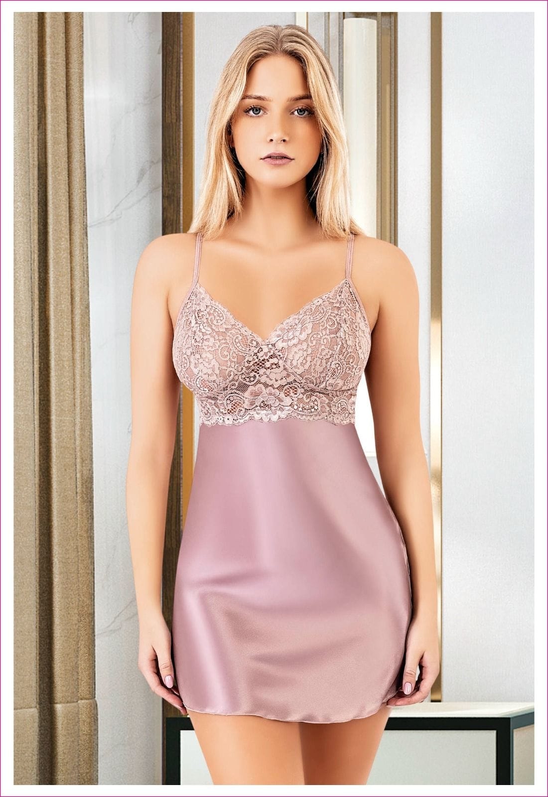 Çapraz Askılı Saten Kısa Kadın Gecelik Siyah-Gri Miss Laris 2105 - Pudra