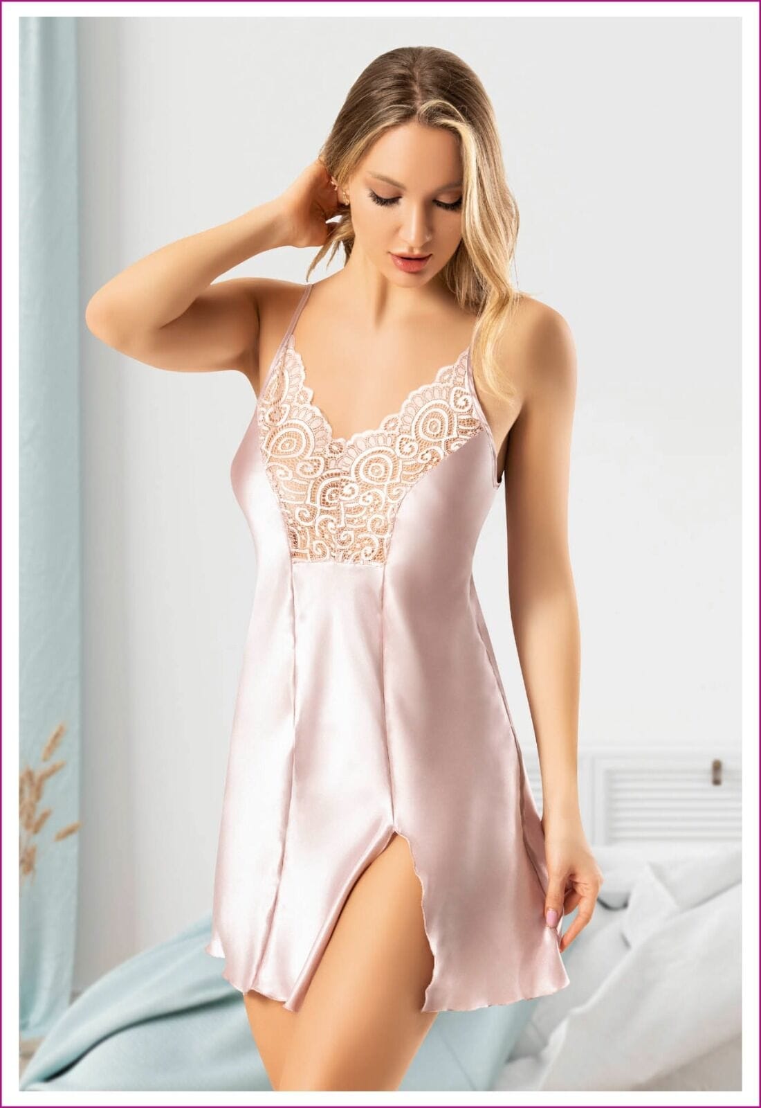 Kısa Yırtmaçlı Askılı Saten Gecelik Siyah-Gri Miss Laris 2110 - Görsel