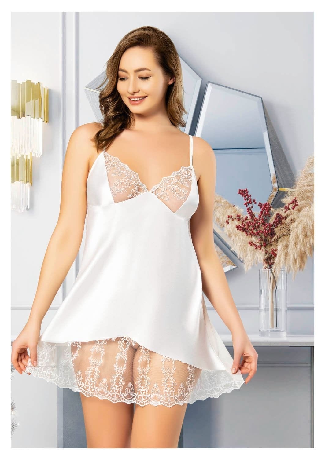 Büyük Beden İnce Askılı Saten Gecelik Beyaz Miss Laris 4023 - Beyaz