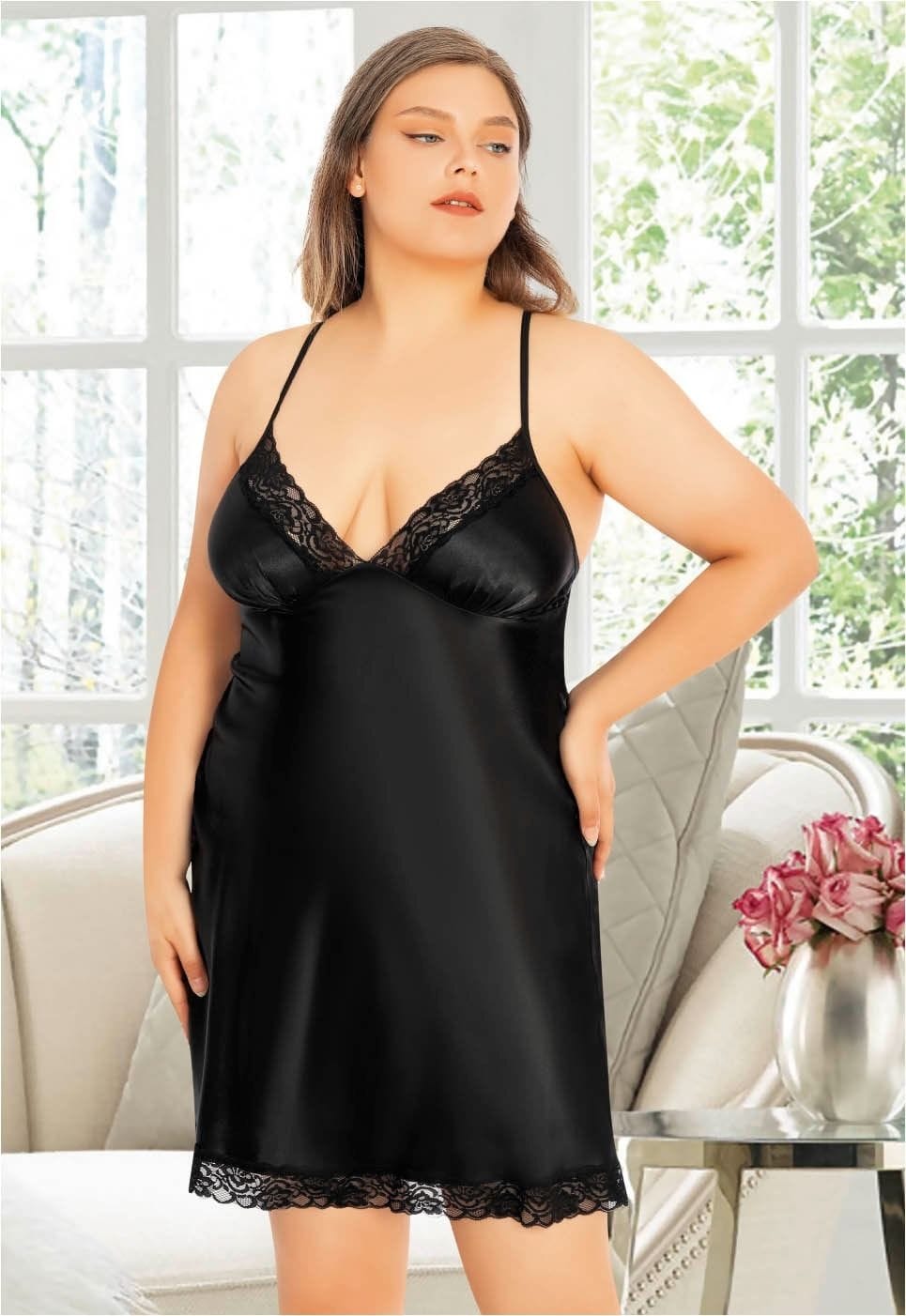 Büyük Beden Dantel Kenarlı Saten Gecelik Miss Laris 4028 - Siyah