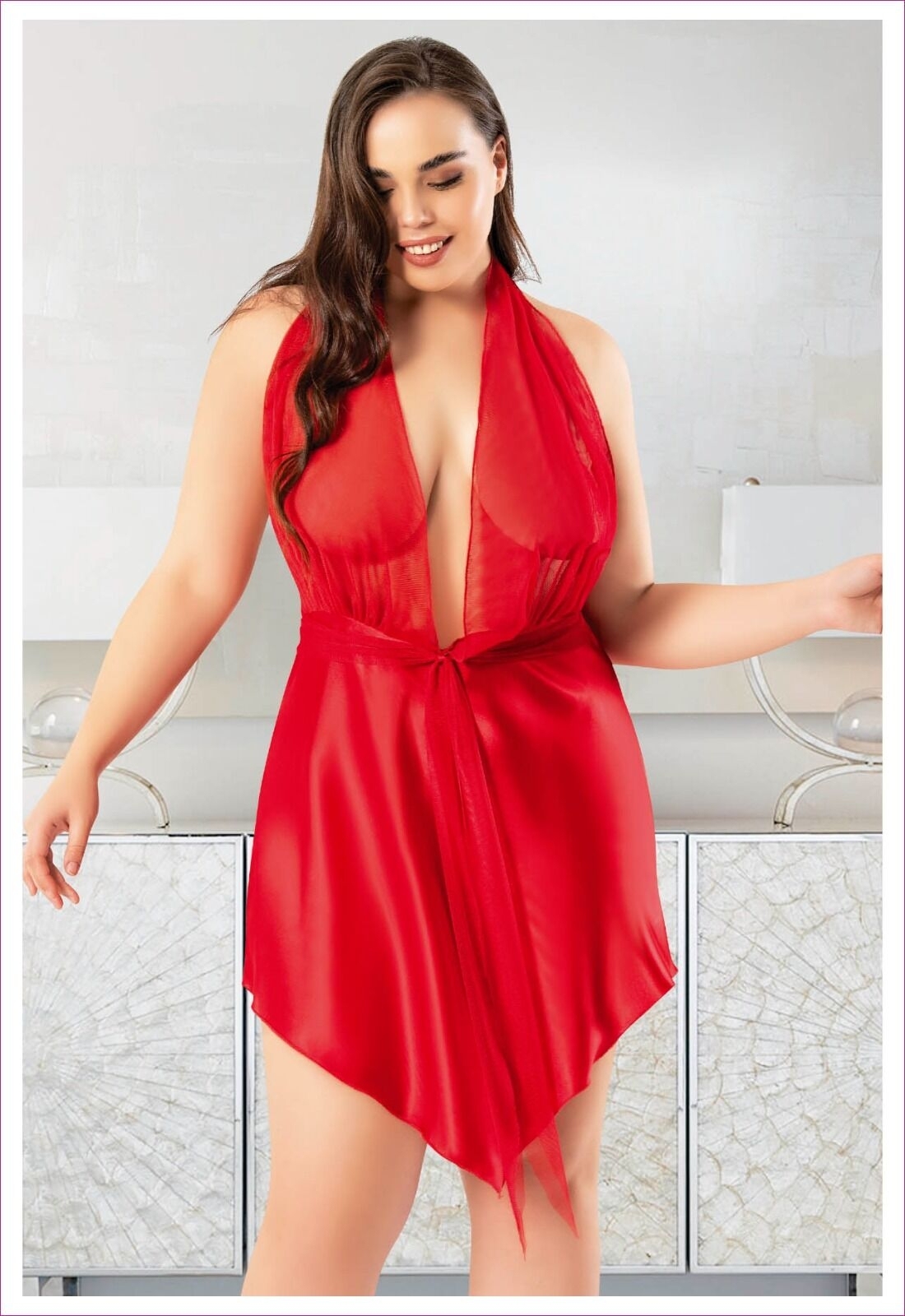 Büyük Beden Kısa Saten Gecelik Dantel Detaylı Miss Laris 4033 - Görsel