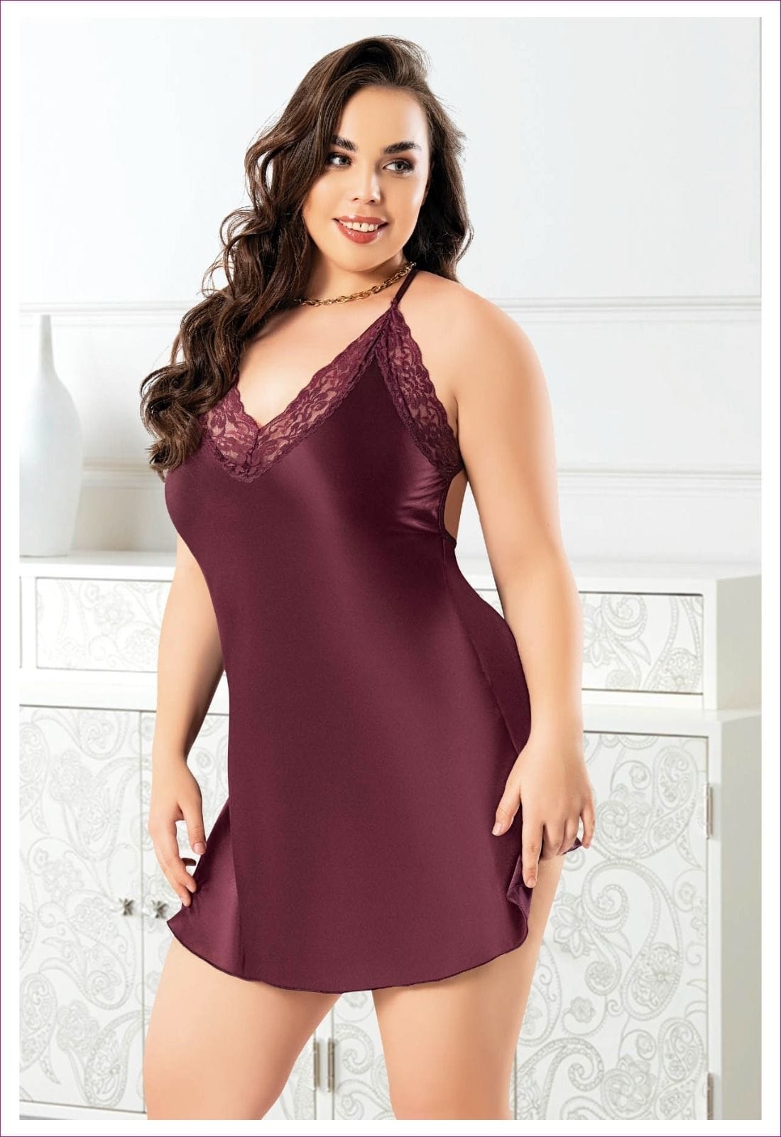 Sırt Dekolteli Büyük Beden Kadın Saten Gecelik Pembe Miss Laris 4035 - Bordo