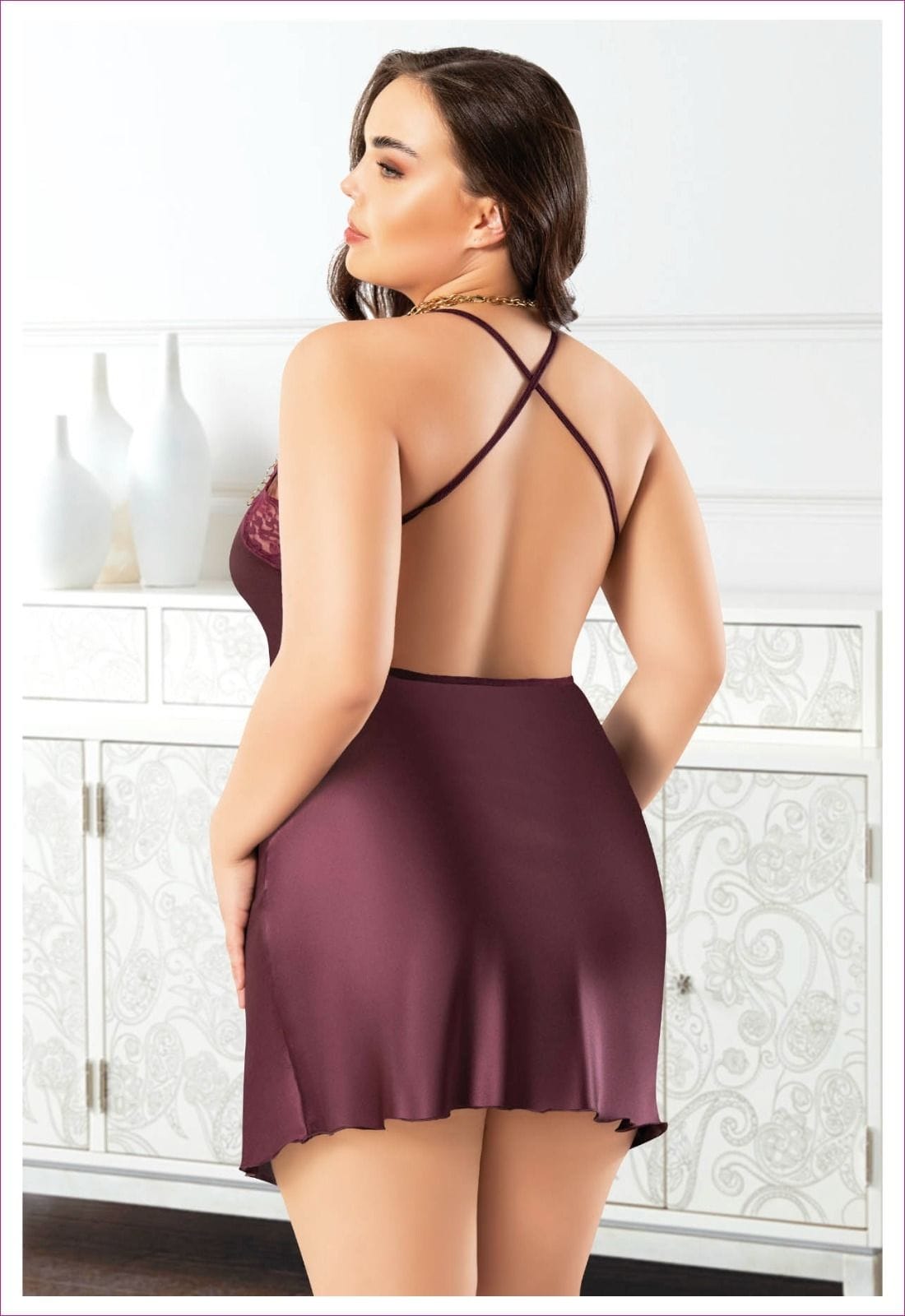 Sırt Dekolteli Büyük Beden Kadın Saten Gecelik Pembe Miss Laris 4035 - Bordo