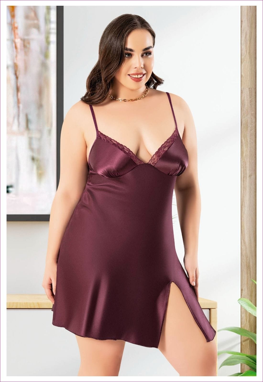 Saten Dokulu Büyük Beden Gecelik Bordo Miss Laris 4048 - Bordo