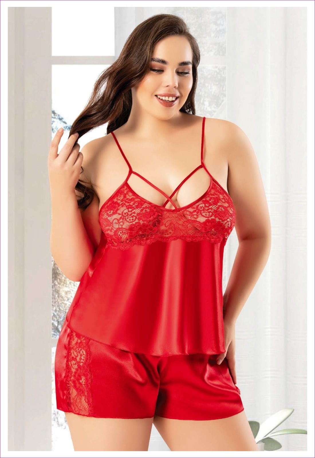 Saten Dantel Detaylı Şortlu Takım Miss Laris 4227 - Kırmızı