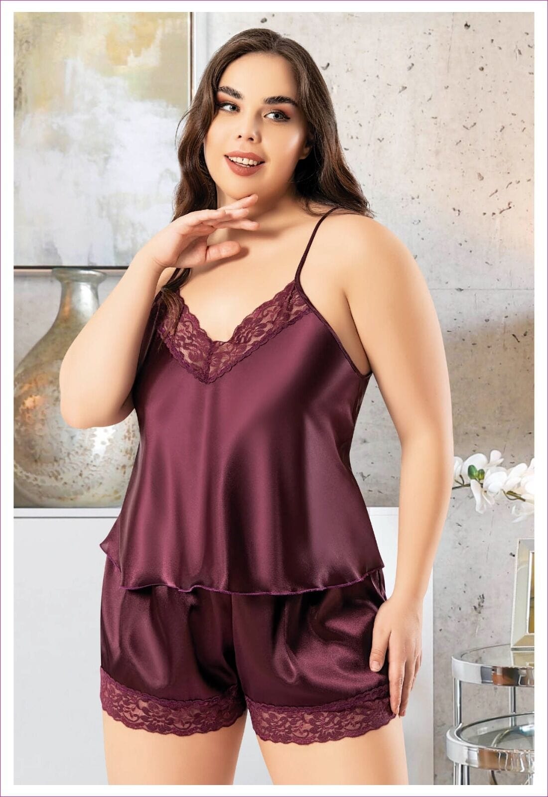 Dantelli Büyük Beden Ayar Askılı Şortlu Pijama Takımı Miss Laris 4228 - Görsel