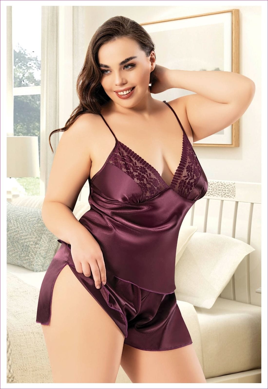 Büyük Beden Saten Şortlu Pijama Takımı Miss Laris 4237 - Mor