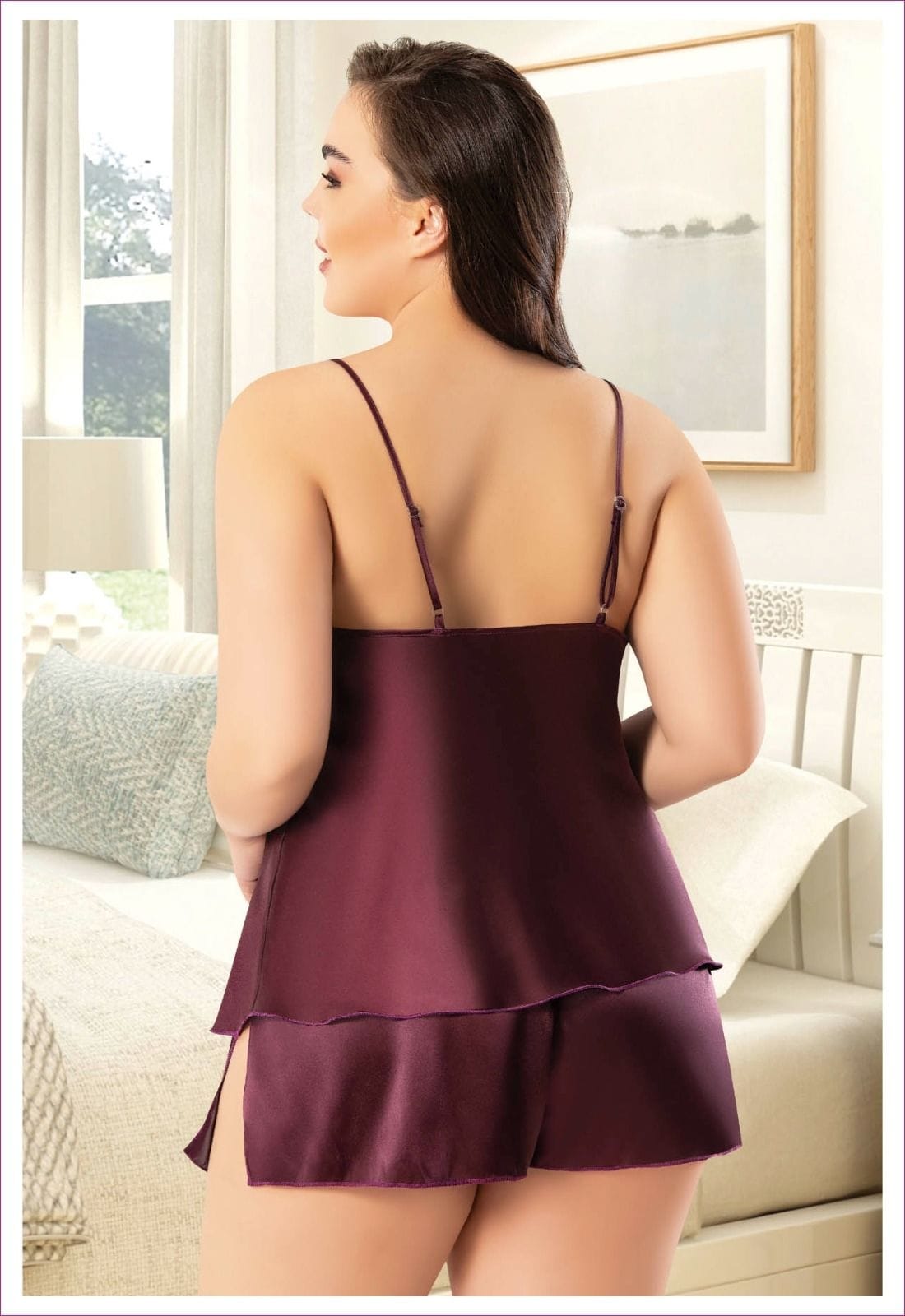 Büyük Beden Saten Şortlu Pijama Takımı Miss Laris 4237 - Mor