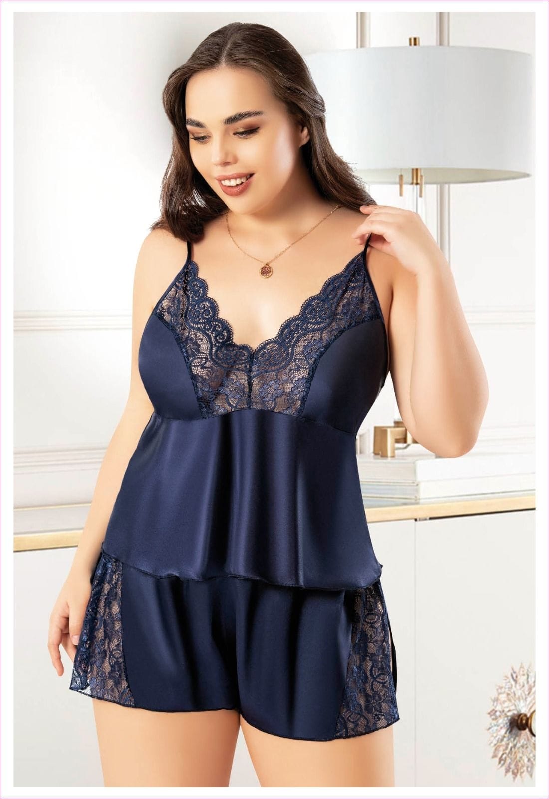 Lacivert Büyük Beden Kadın Saten Şortlu Takım Miss Laris 4243 - Lacivert