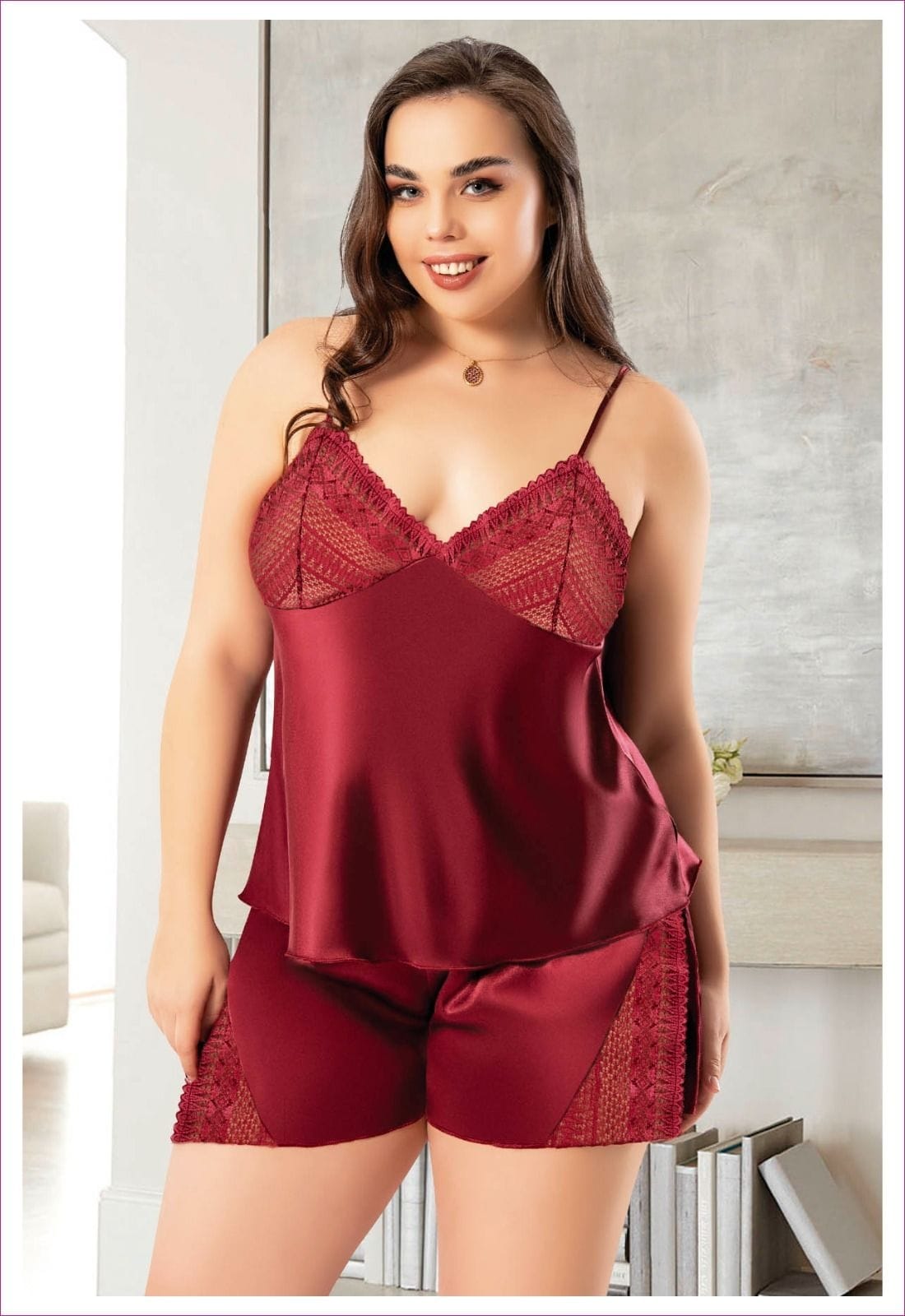 Büyük Beden Bordo Saten Şortlu Takım Miss Laris 4249 - Bordo