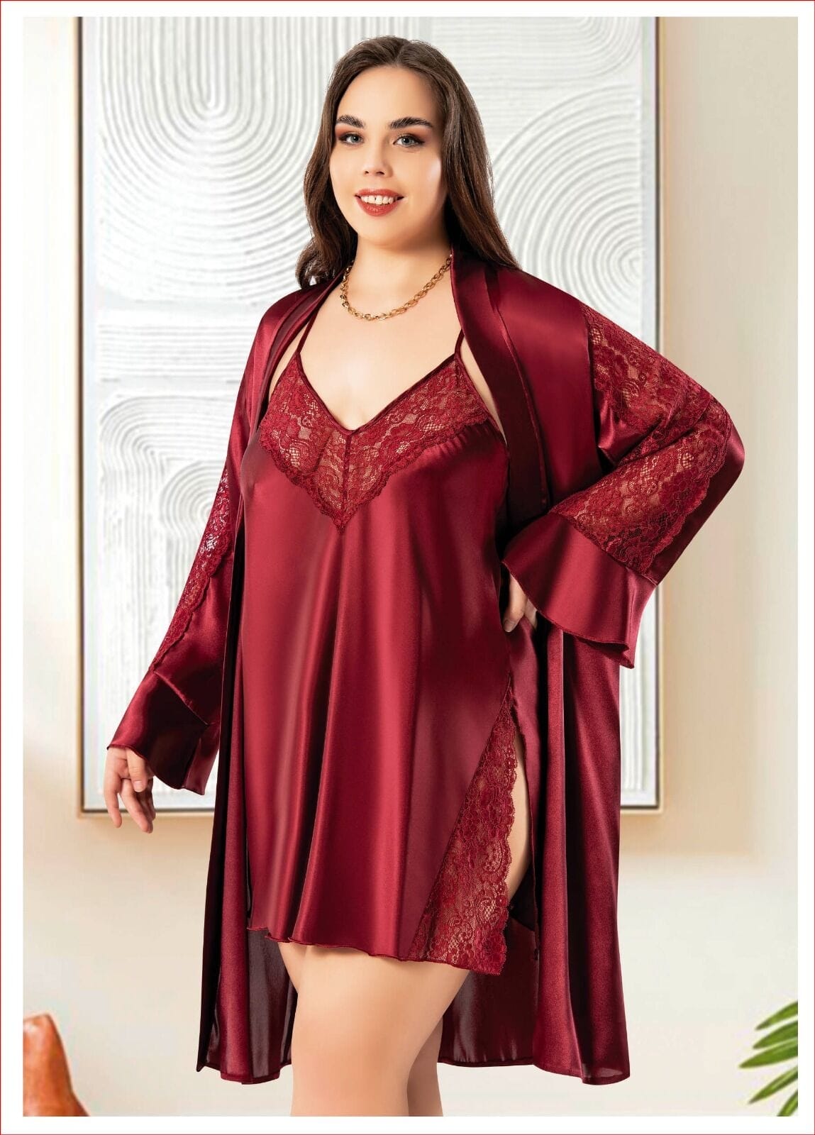 Derin Yırtmaçlı Saten Gecelik Takım Pembe Miss Laris 6010 - Görsel