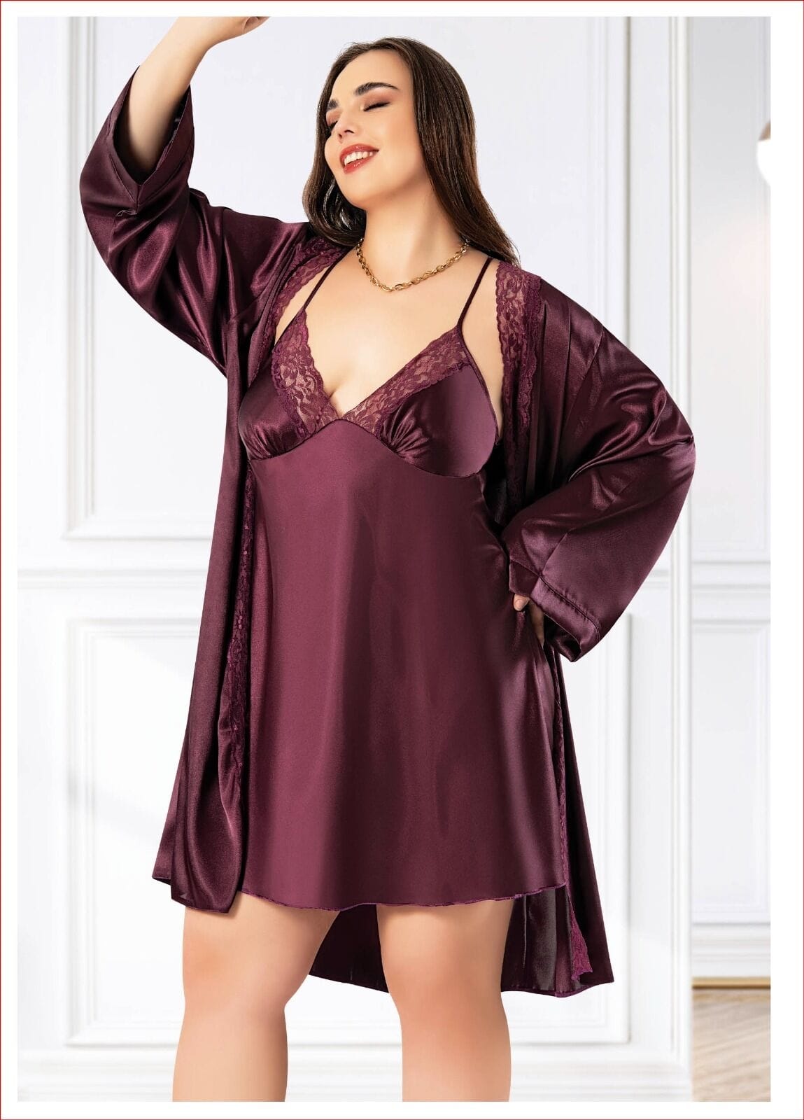 Büyük Beden Dantelli Saten Gecelik Sabahlık Takım Miss Laris 6013 - Görsel