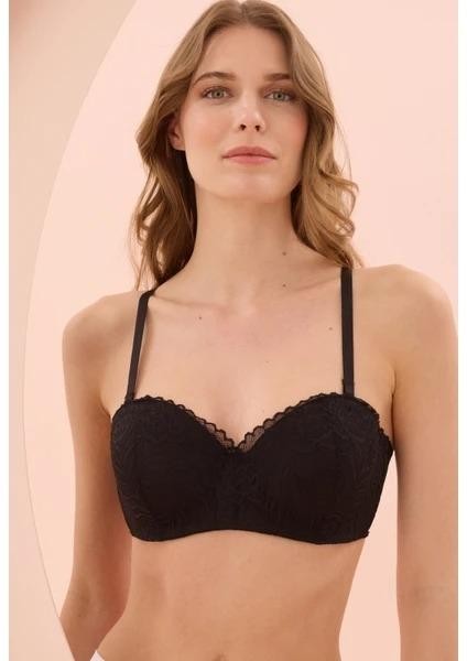 Dantel İşlemeli Balenli Desteksiz Sütyen NBB 30015 - Siyah