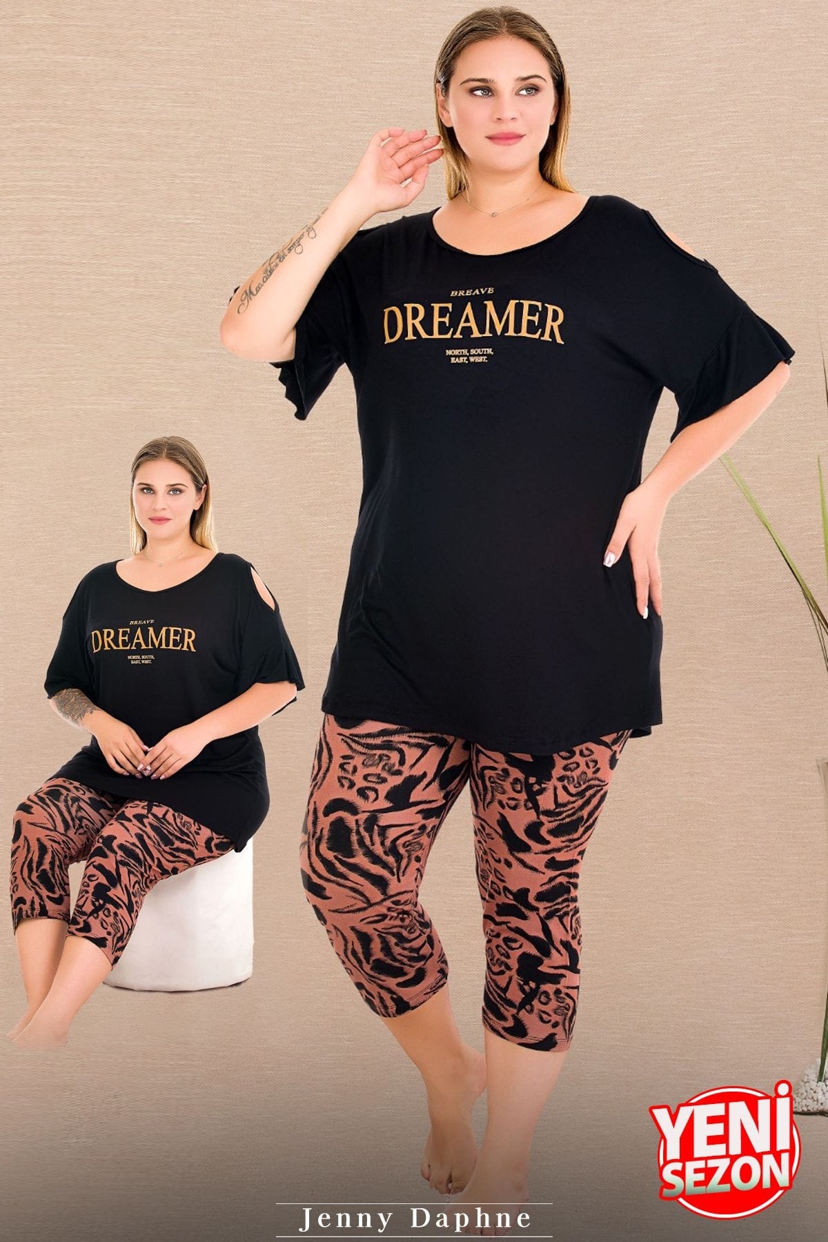 Desenli Kısa Kollu Kapri Pijama Takımı Lady 10733 - Siyah